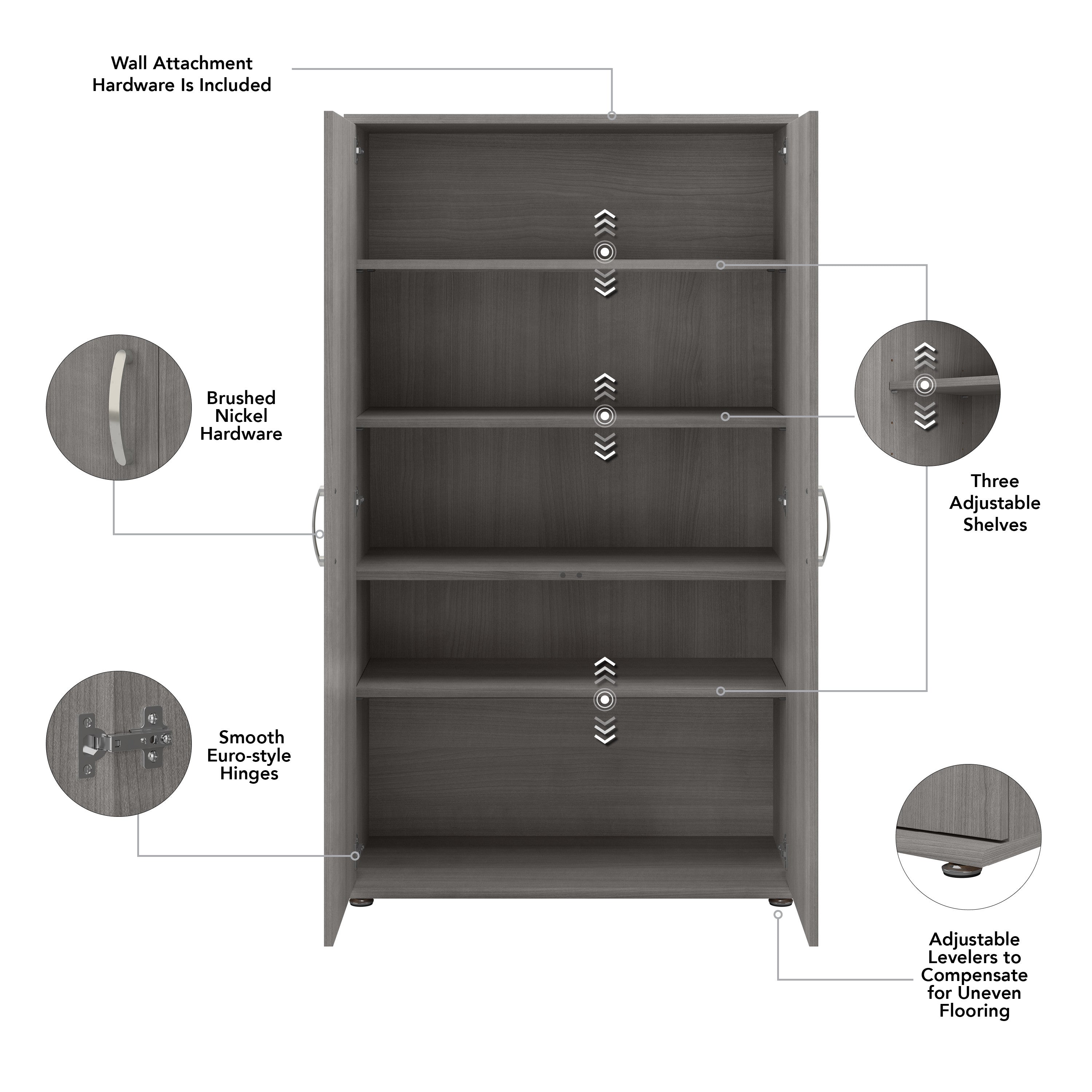 Bush Business Furniture Universal Tall Storage Cabinet with Doors and Shelves in Platinum Gray - 35.71" Width x 17.2" Depth x 61.81" Height