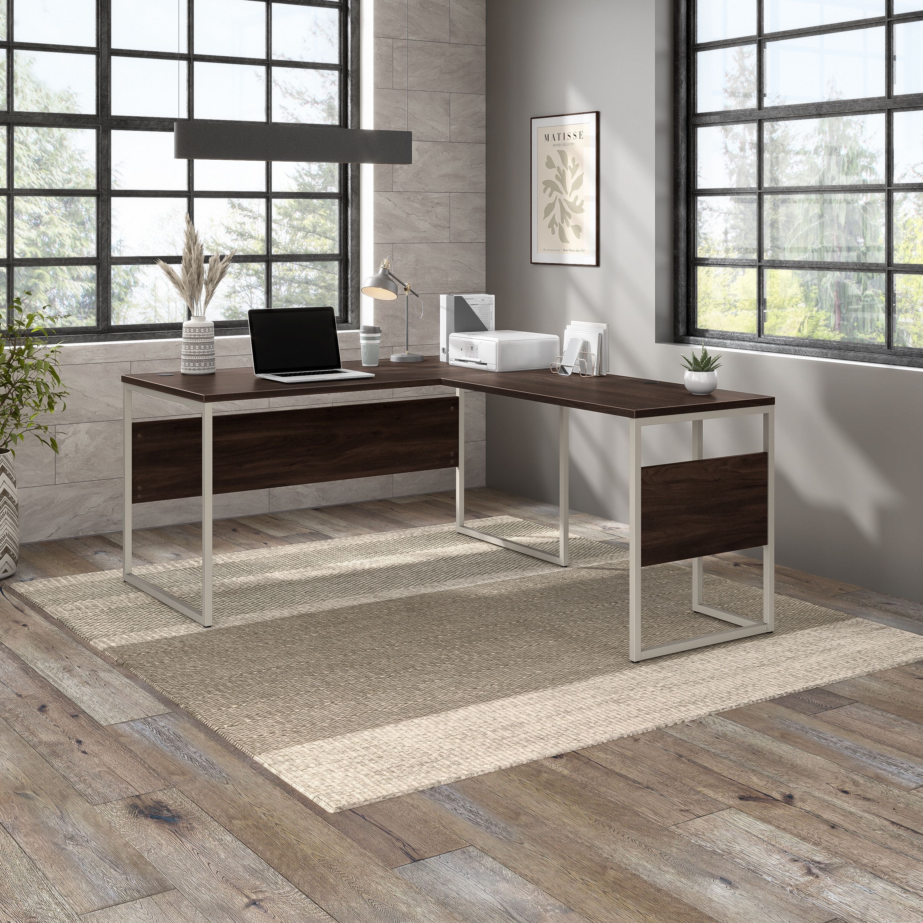 Bush Business Furniture Hybrid 60W x 30D L Shaped Table Desk with Metal Legs in Black Walnut - 59.45" Width x 71.34" Depth x 29.91" Height