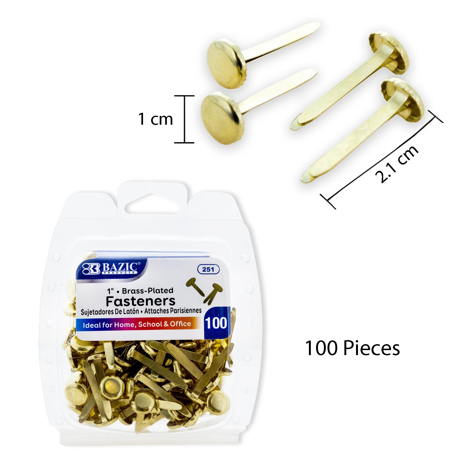 Brass-Plated Fasteners, 1", Pack of 100