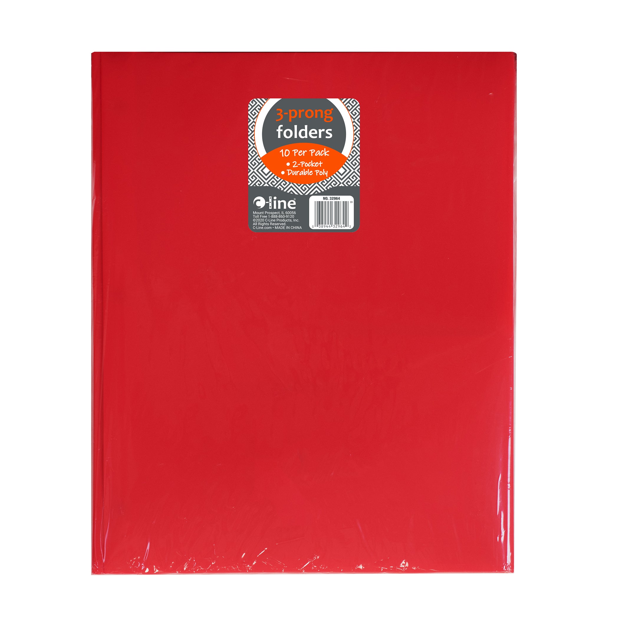 Two-Pocket Heavyweight Poly Portfolio Folder with Prongs, Red, Pack of 10