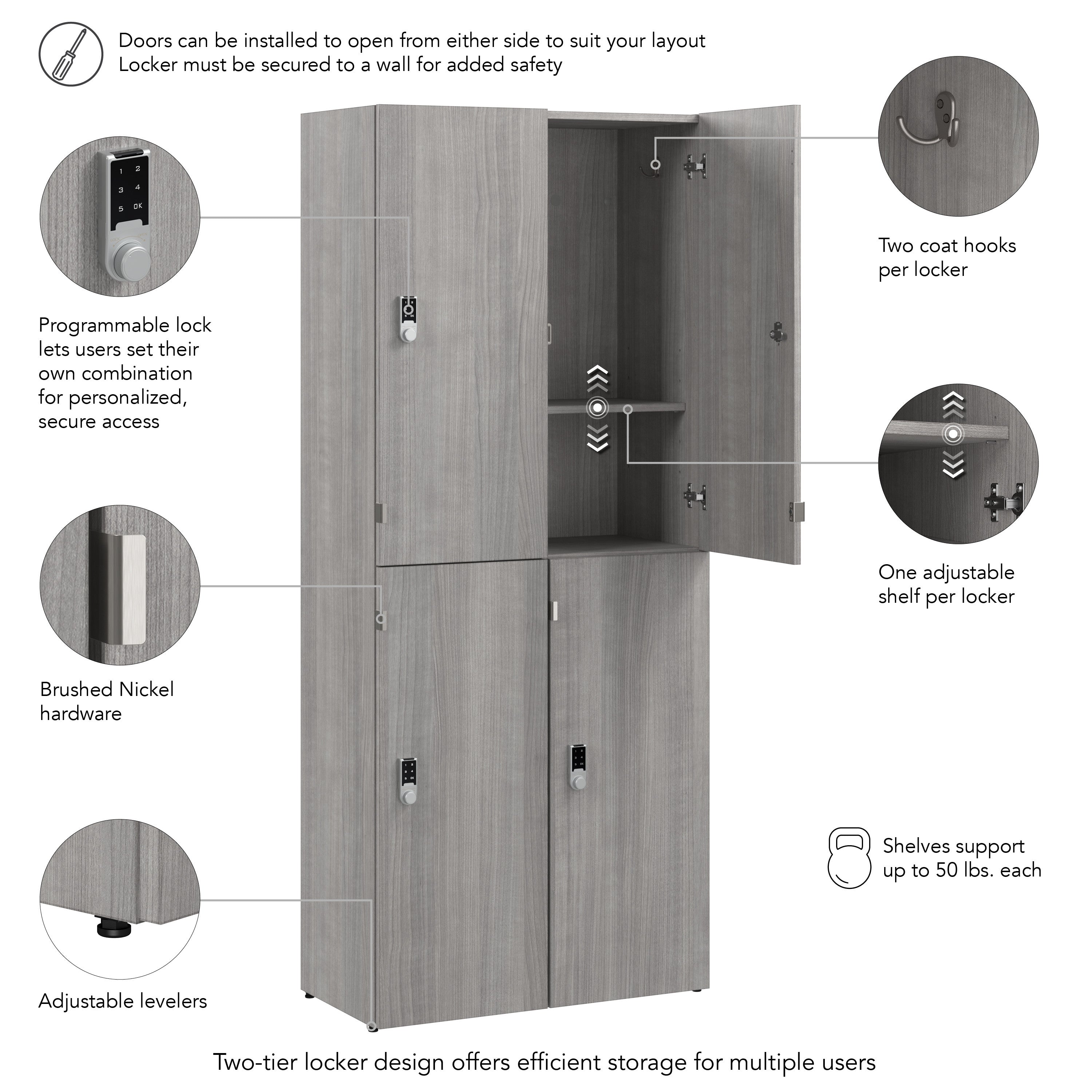 Bush Business Furniture Assure Two Tier 4 Door Storage Lockers with Keypad Locks in Platinum Gray - 29.76" Width x 15.35" Depth x 72.15" Height