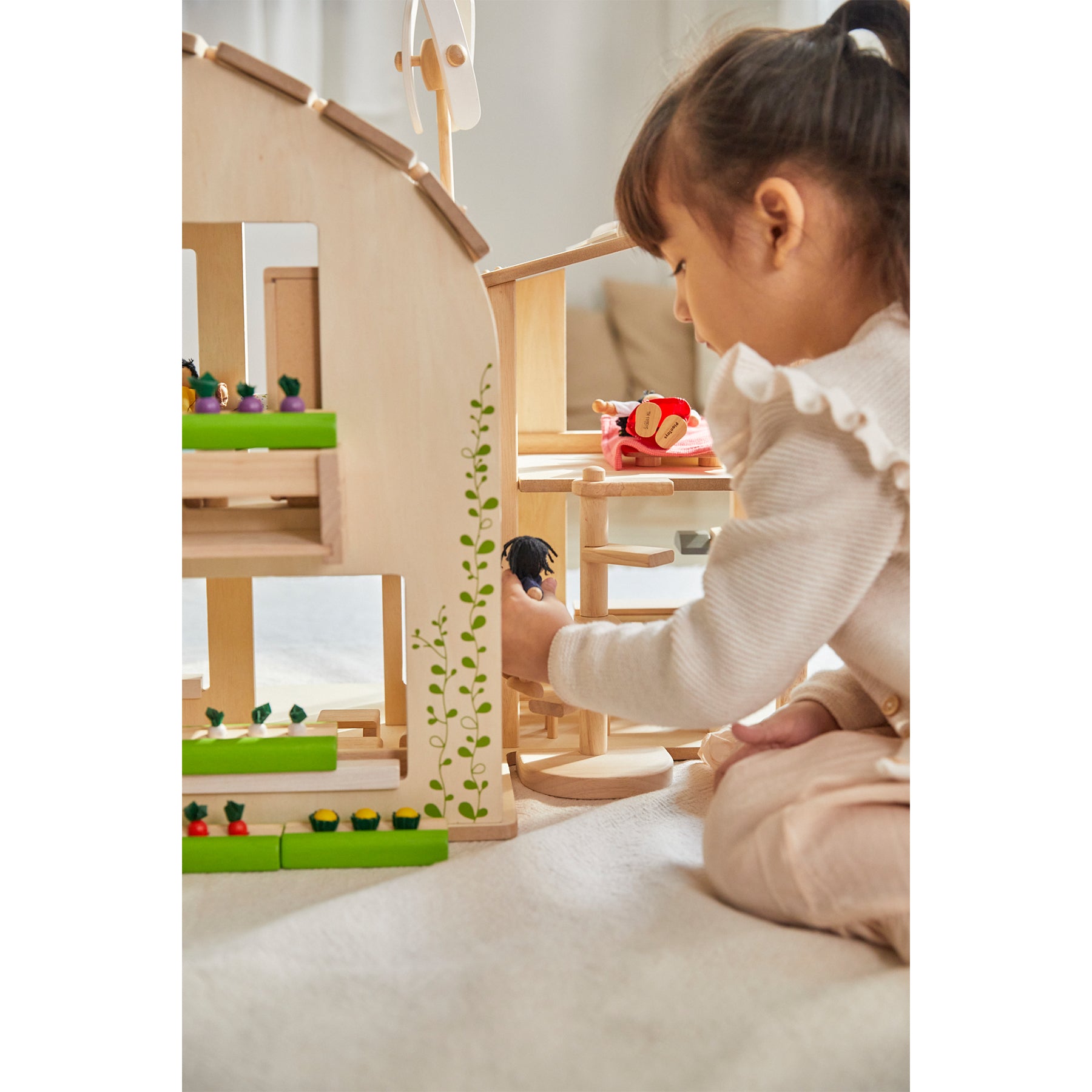 Green Wooden Dollhouse With Furniture