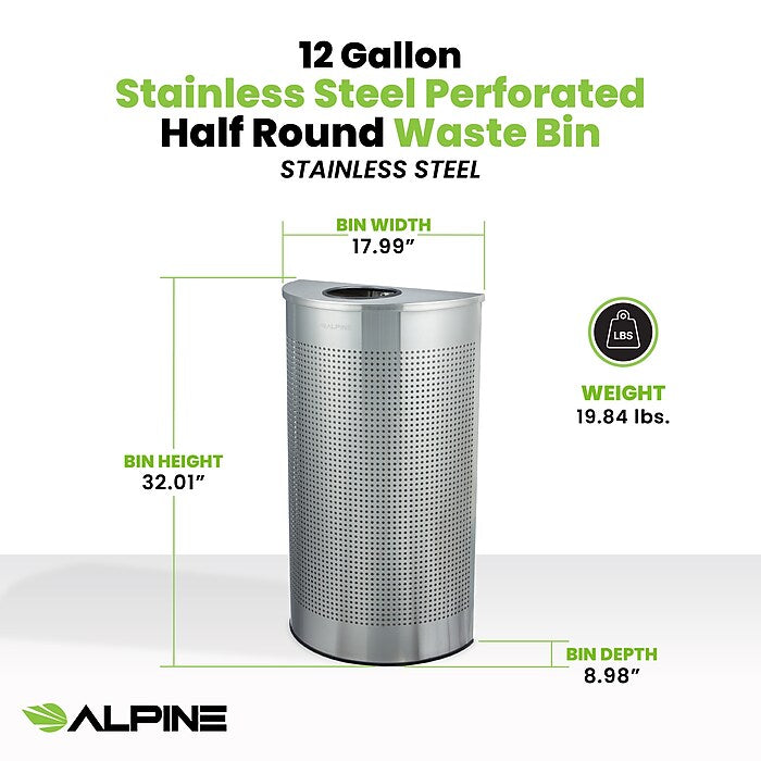 12 Gallon Stainless Steel Perforated Half Round Decorative Waste Receptacle