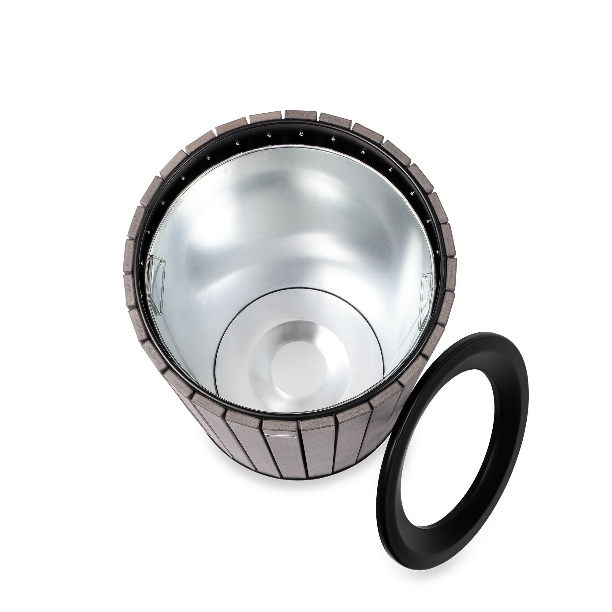 Round, 32-Gallon Outdoor Trash Container with Slatted Recycled Plastic Panels - Grey