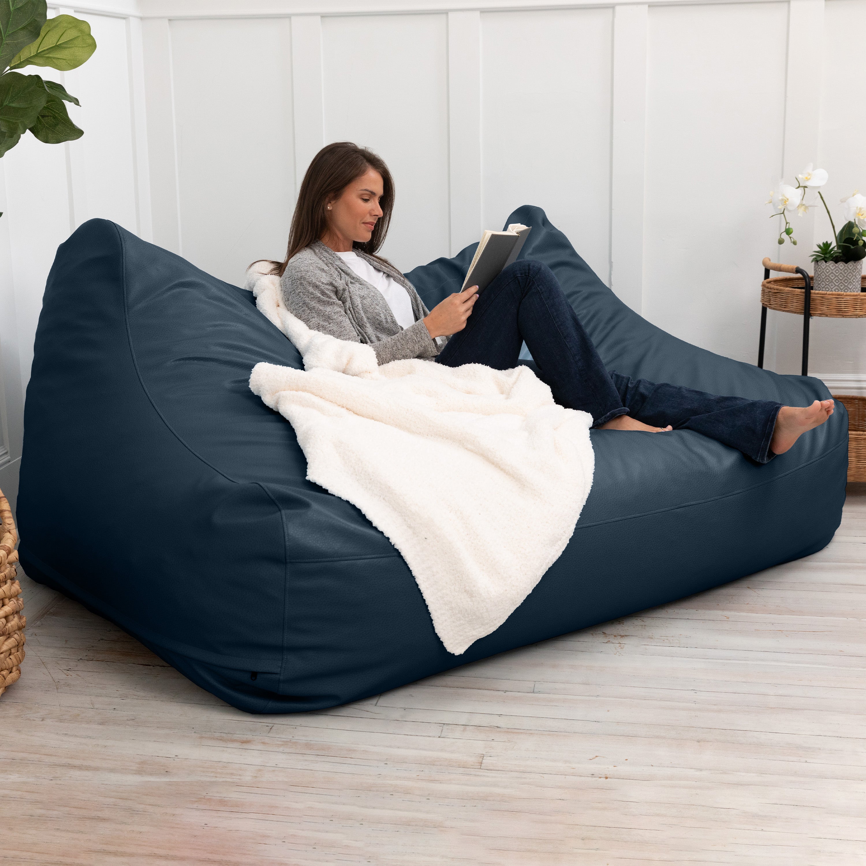 Atrium Collection Lozia Loveseat - Large Foam Bean Bag Sofa for Home Theaters, Offices, Schools, Reception & Waiting Rooms - Faux-Leather - Oxford Blue