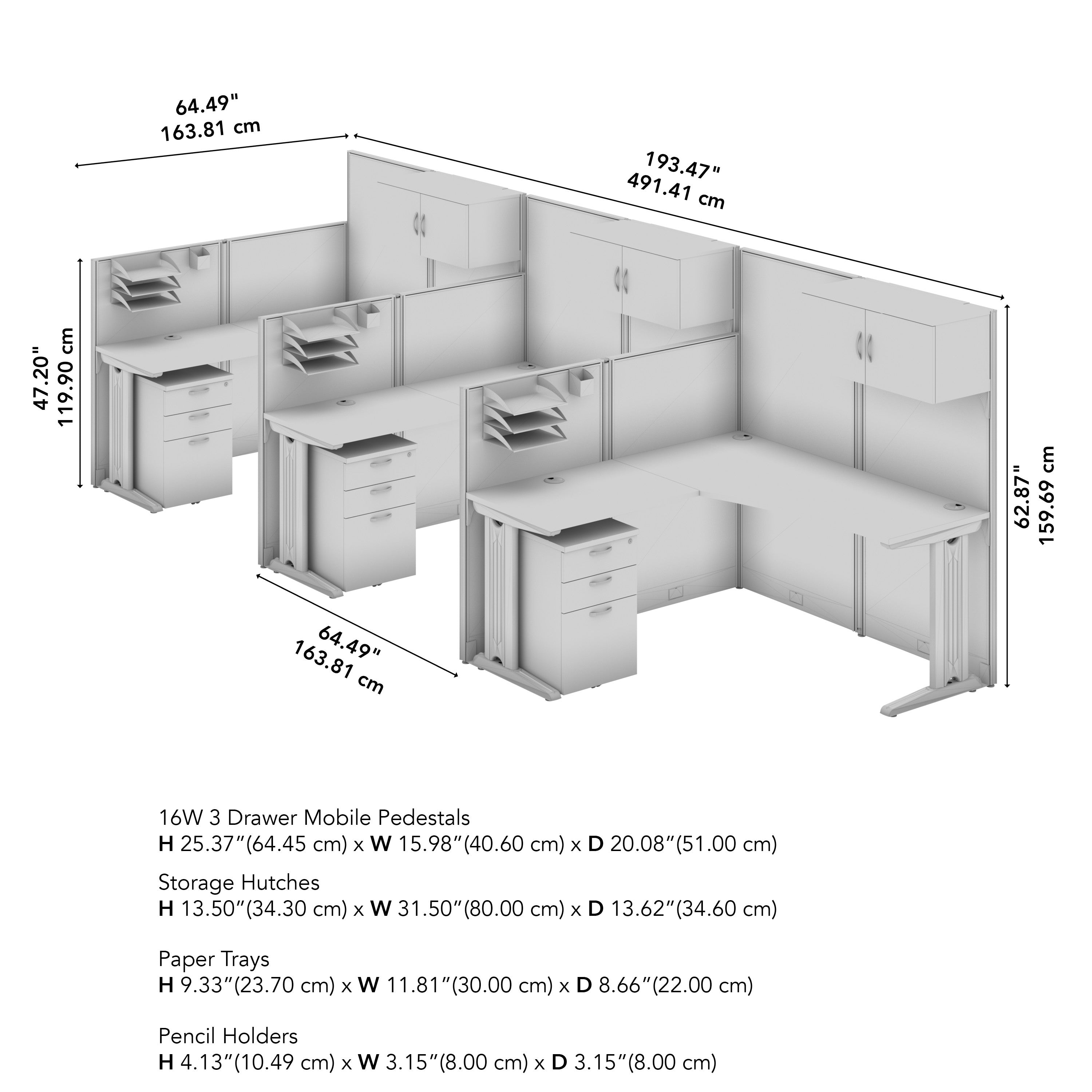 Bush Business Furniture Office in an Hour 3 Person L Shaped Cubicle Desks with Storage, Drawers, and Organizers in Natural Elm - 193.47" Width x 64.48" Depth x 62.86" Height