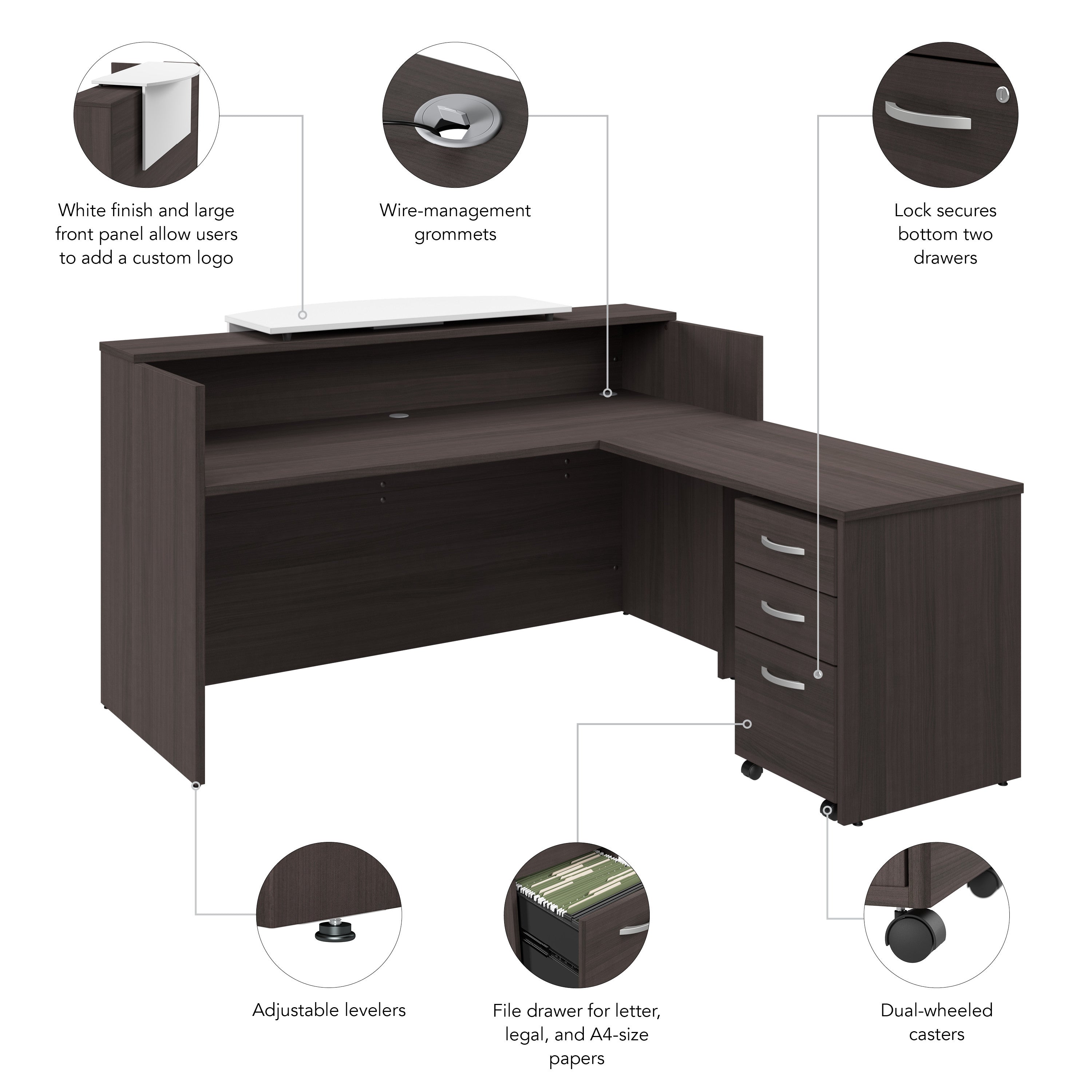 Bush Business Furniture Arrive 72W x 72D L Shaped Reception Desk with Counter and Mobile File Cabinet in Storm Gray - 71.02" Width x 71.14" Depth x 40.35" Height