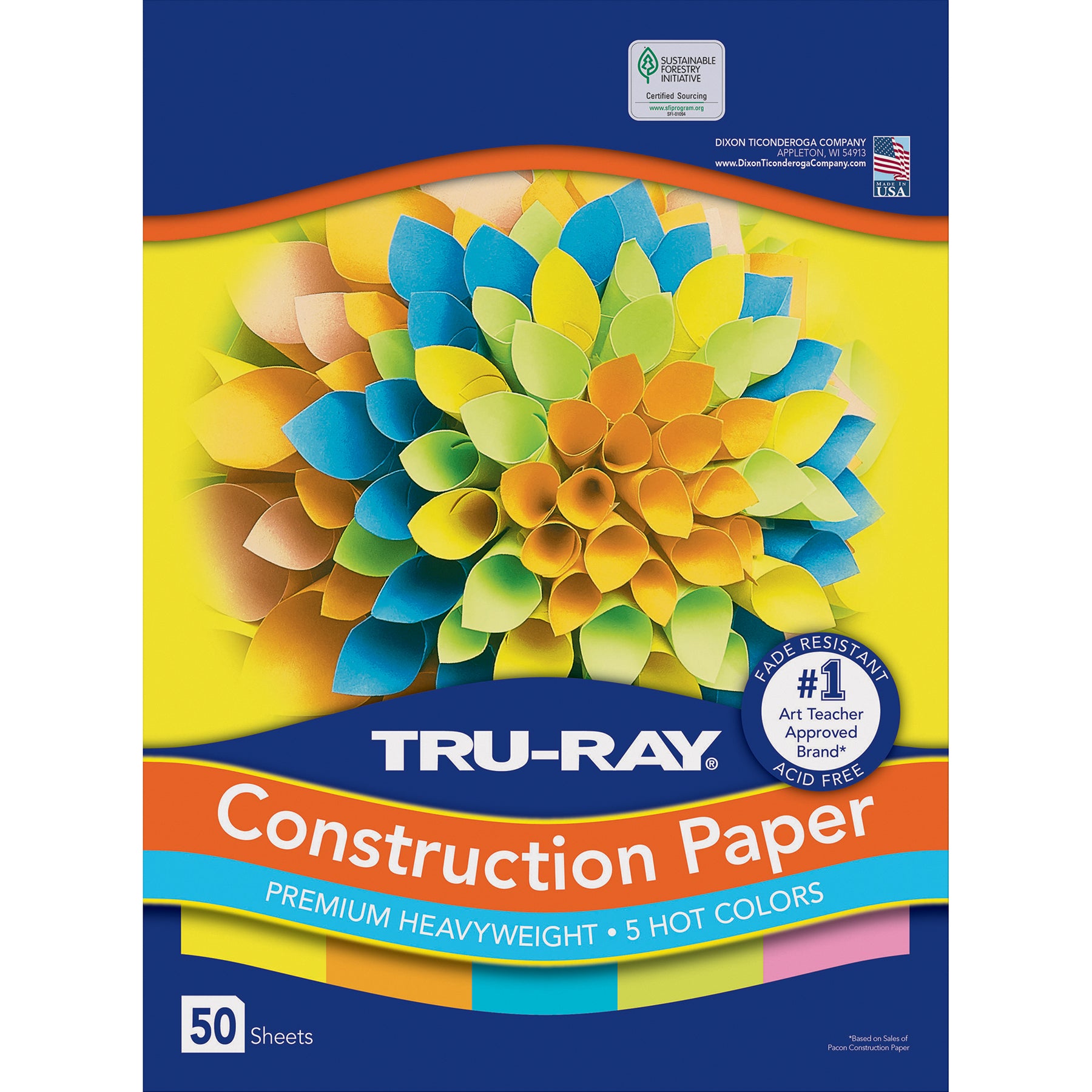 Construction Paper, Heavyweight, 5 Assorted Hot Colors, 12" x 18", 50 Sheets