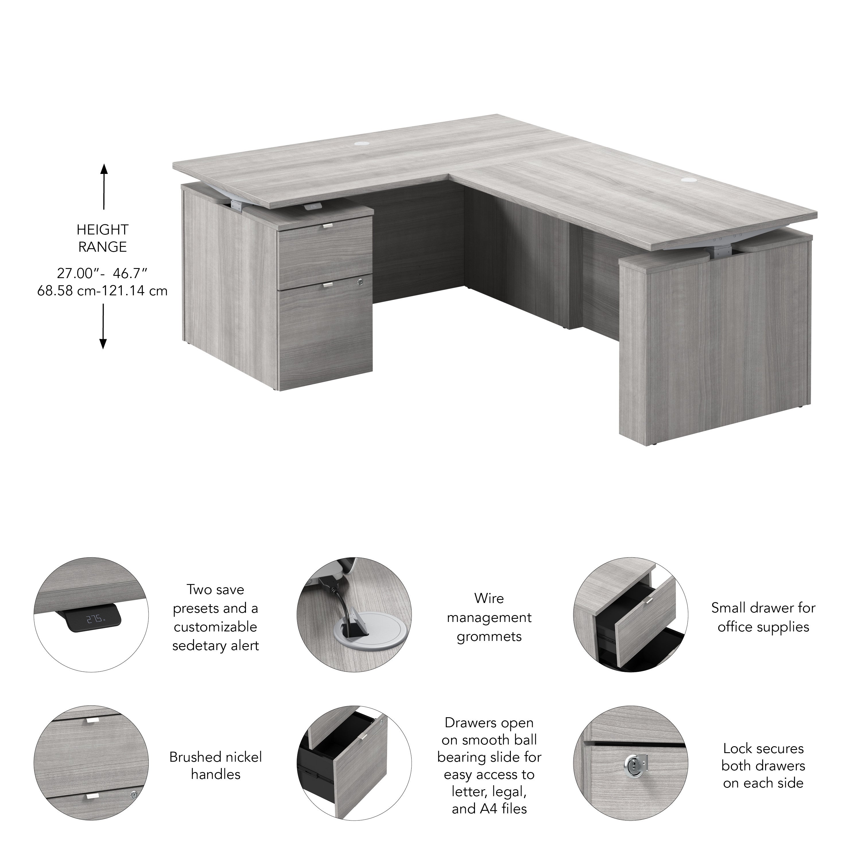 Bush Business Furniture Stratus&nbsp;60W x&nbsp;78D Height Adjustable L Shaped Standing Desk with File Cabinet in Platinum Gray with Metallic Gray Base - 59.45" Width x 76.97" Depth x 27.44" Height
