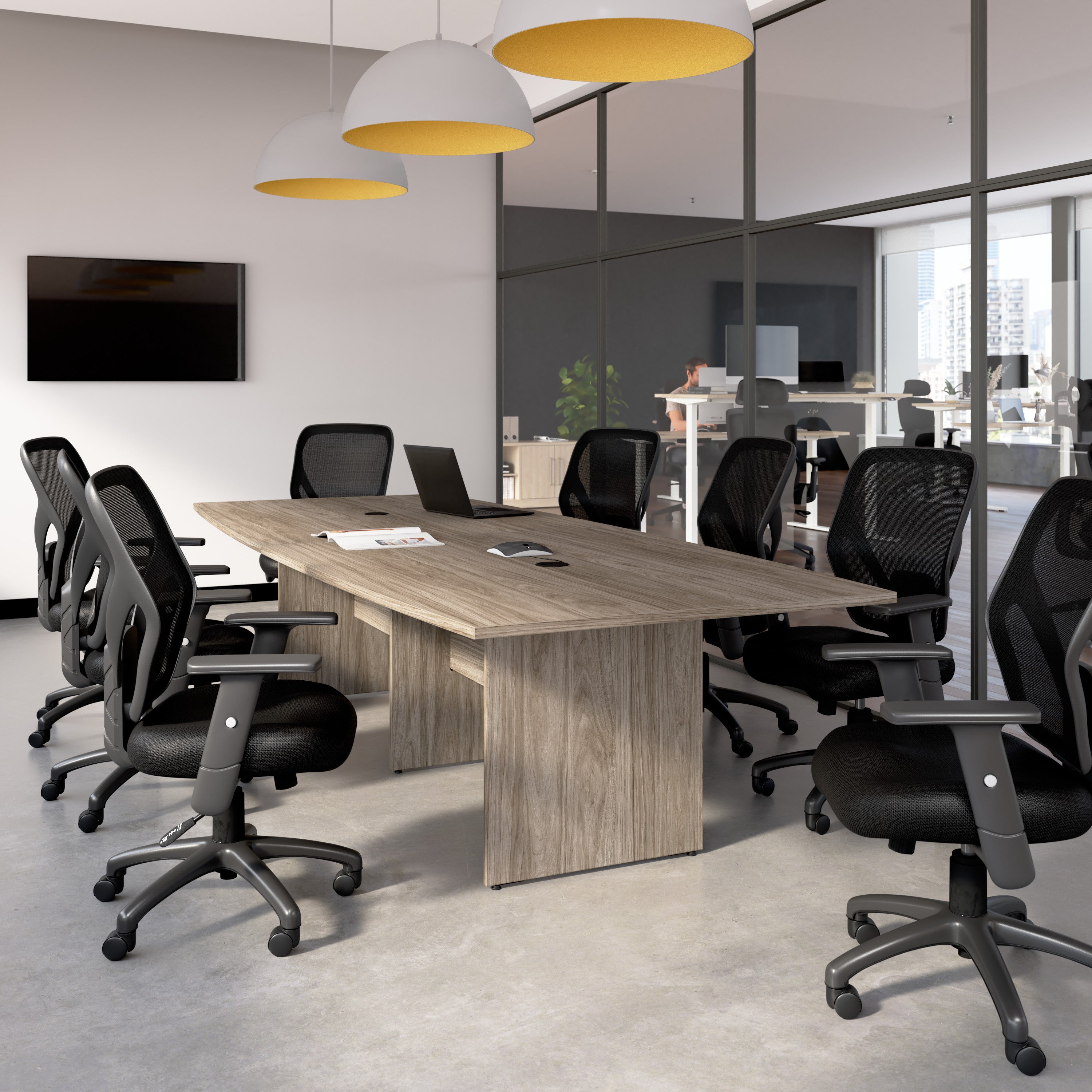 Bush Business Furniture 120-inch Office Conference Table with Wood Base in Modern Hickory - 119.21" Width x 47.51" Depth x 28.65" Height