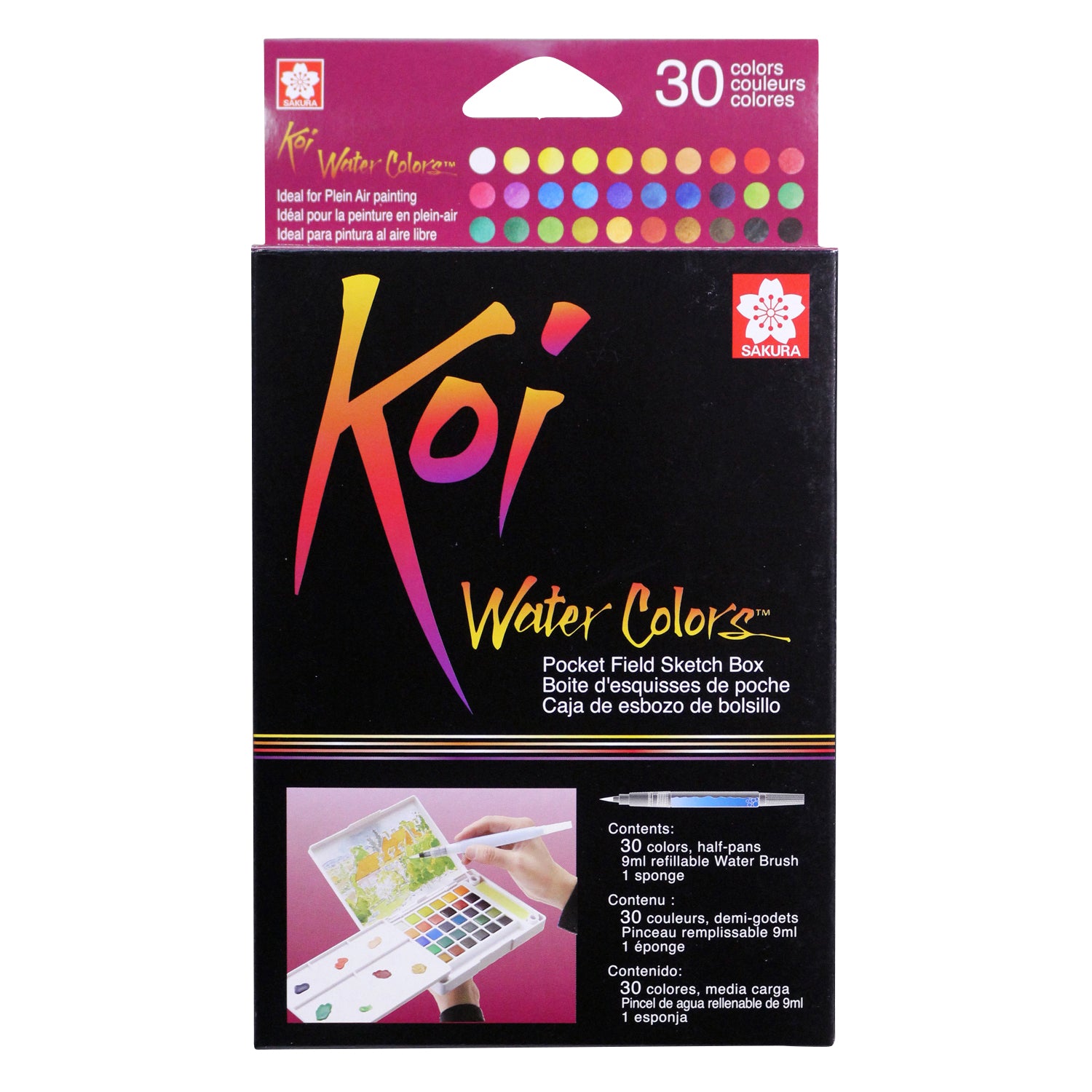 Koi Water Colors Field Sketch Box with Brush, 30 Colors