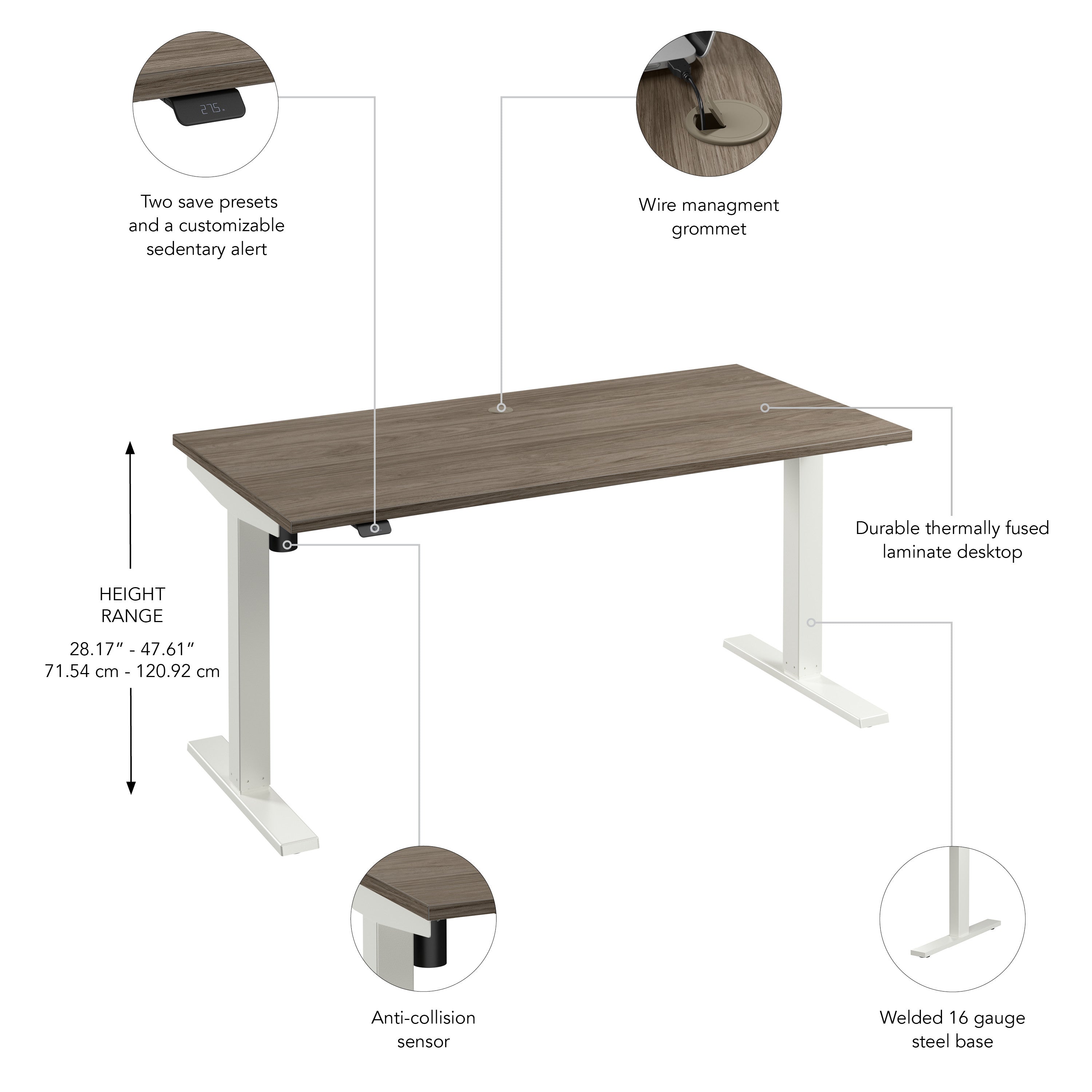 Bush Business Furniture Move 40 Series 60W x 30D Electric Height Adjustable Standing Desk in Modern Hickory with White Base - 59.45" Width x 29.37" Depth x 28.17" Height