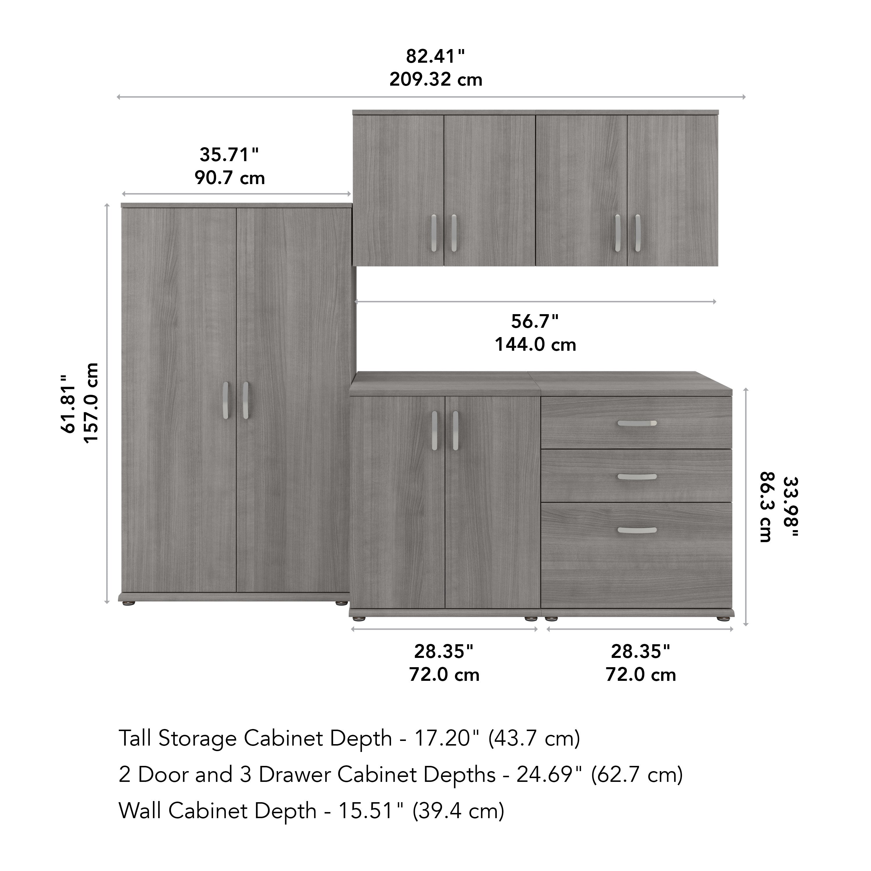 Bush Business Furniture Universal 92W 5 Piece Modular Storage Set with Floor and Wall Cabinets in Platinum Gray - 82.41" Width x 24.69" Depth x 61.81" Height