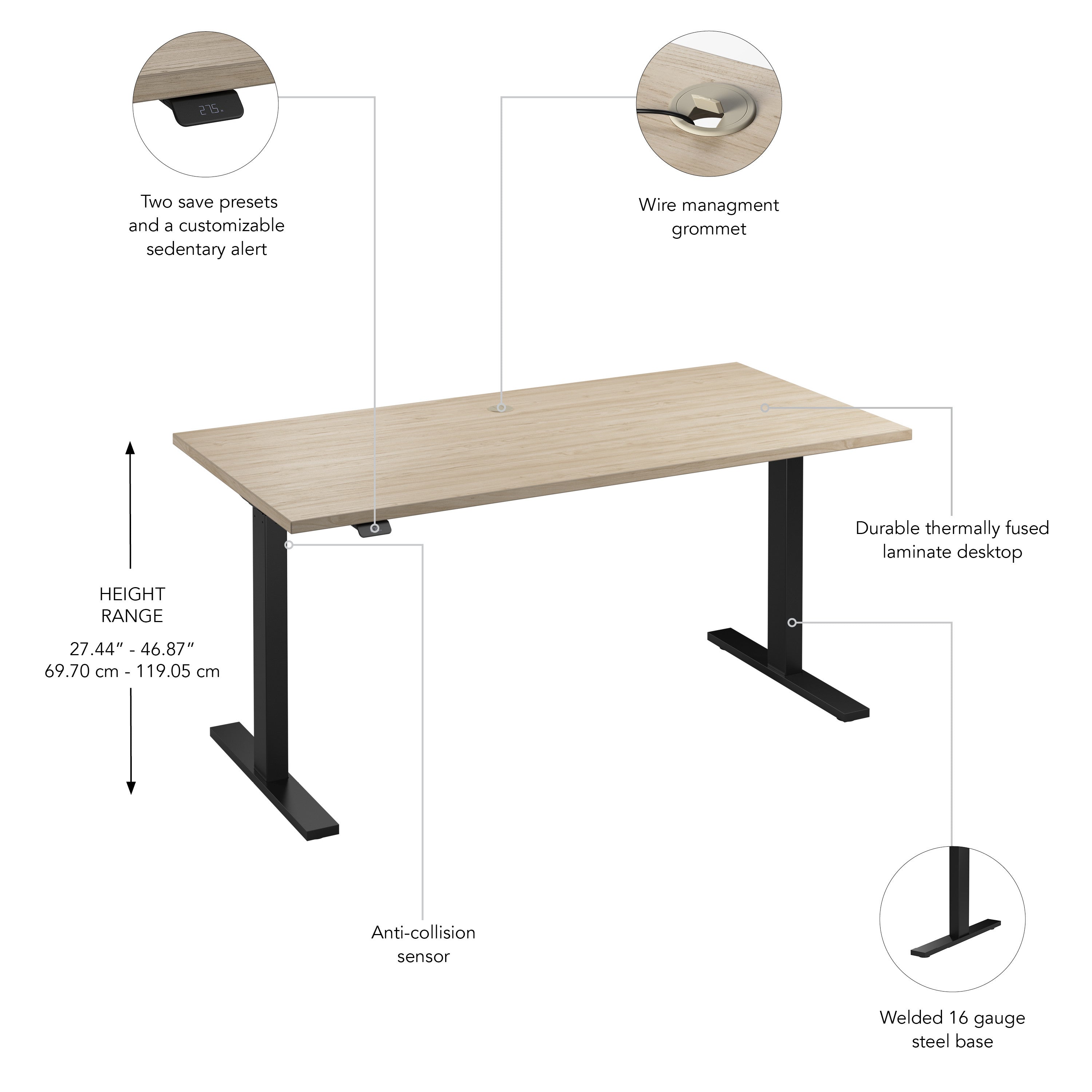 Bush Business Furniture Move 60 Series 60W x 30D Electric Height Adjustable Standing Desk in Natural Elm with Black Base - 59.45" Width x 29.37" Depth x 47.69" Height