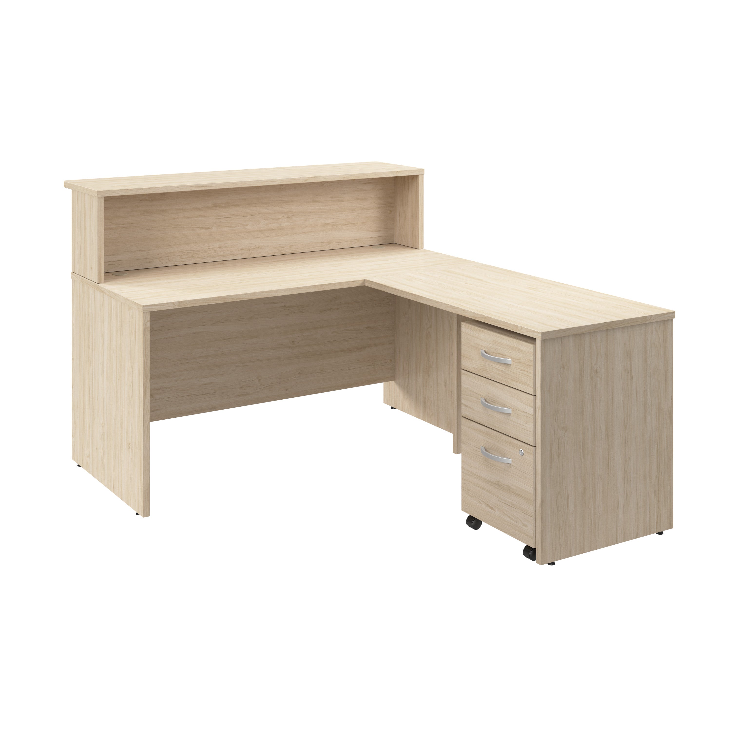 Bush Business Furniture Arrive 60W x 72D L Shaped Reception Desk with Shelf and Mobile File Cabinet in Natural Elm - 59.45" Width x 71.02" Depth x 43.71" Height