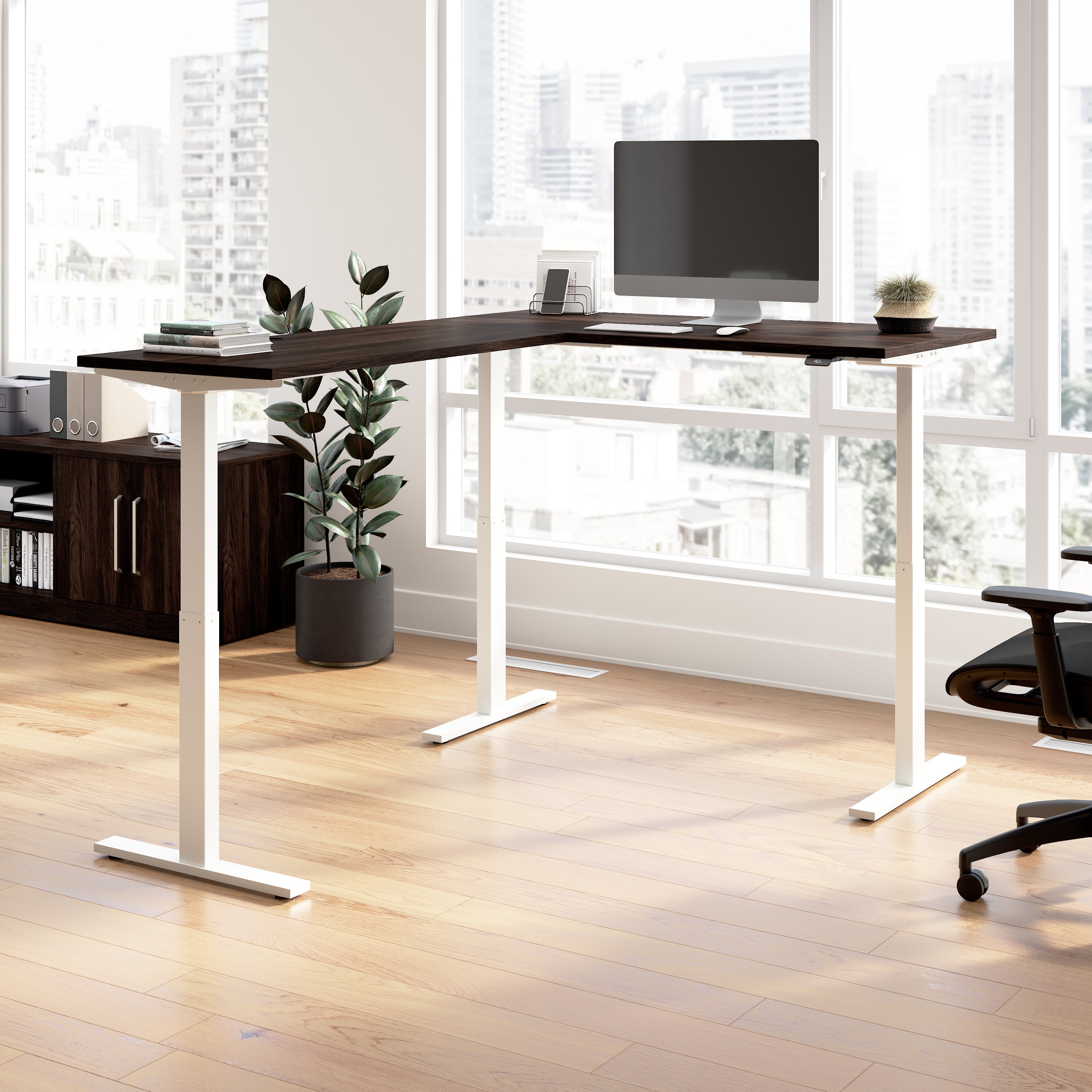 Bush Business Furniture Move 60 Series 60W Height Adjustable L Shaped Standing Desk in Black Walnut with White Base - 59.45" Width x 76.97" Depth x 27.44" Height