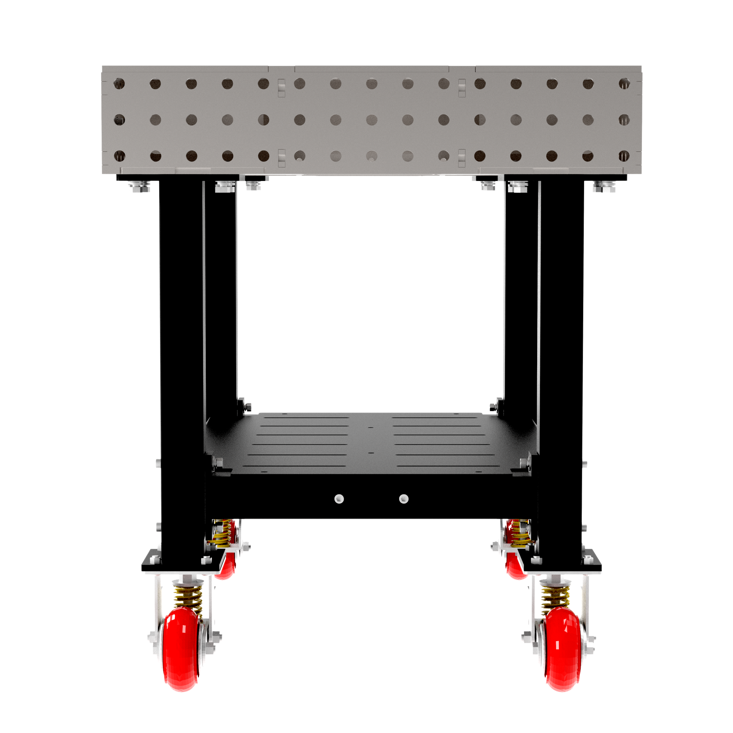 Welding Fixture Table, Fixed Height, 36"H x 48"L x 30"D, 1/4" Carbon Steel Top, Four Black Powdercoat Legs, Shelf, Handle, 4 Heavy Duty Suspension Casters (2 Locking/Swiveling Casters and 2 Non-Locking/Non-SwivelingCasters)