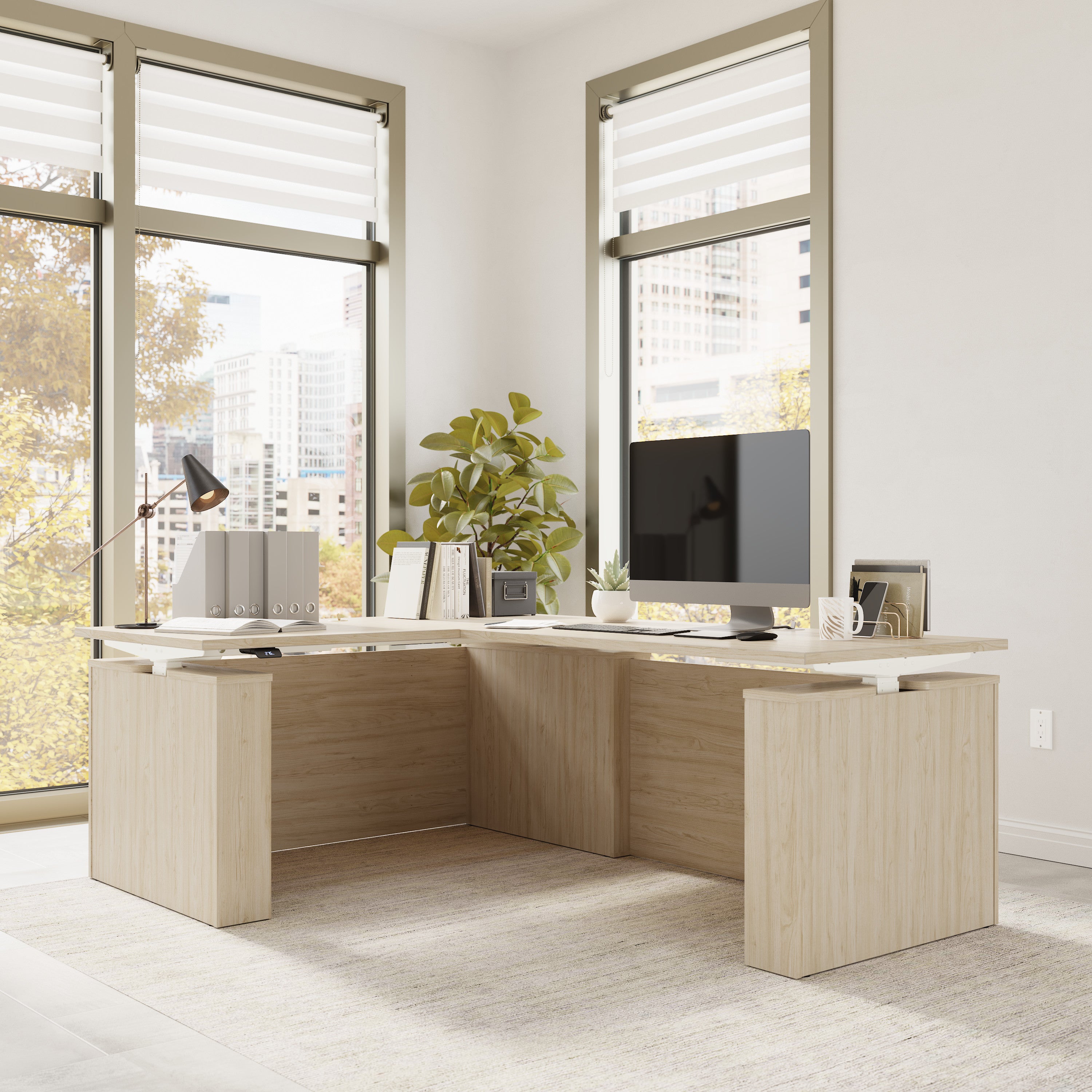 Bush Business Furniture Stratus&nbsp;60W x&nbsp;78D Electric Height Adjustable L Shaped Standing Desk in Natural Elm with White Base - 59.45" Width x 76.97" Depth x 27.44" Height