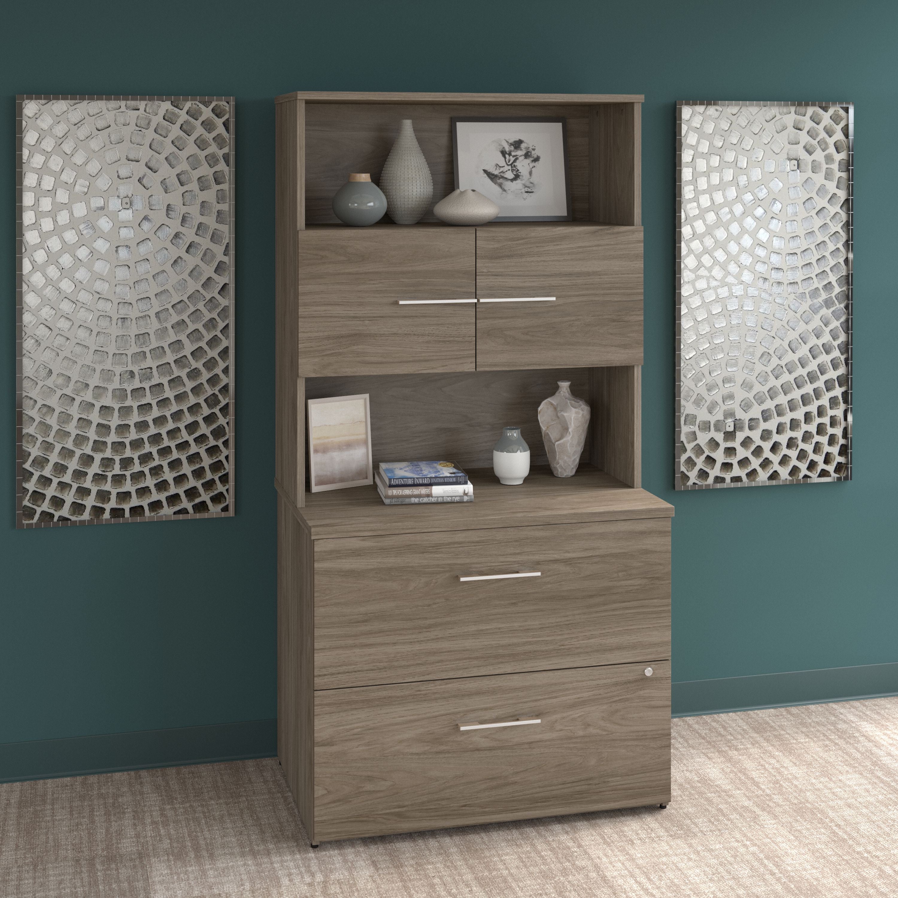 Bush Business Furniture Office 500 36W 2 Drawer Lateral File Cabinet with Hutch in Modern Hickory - 35.67" Width x 23.35" Depth x 70.09" Height