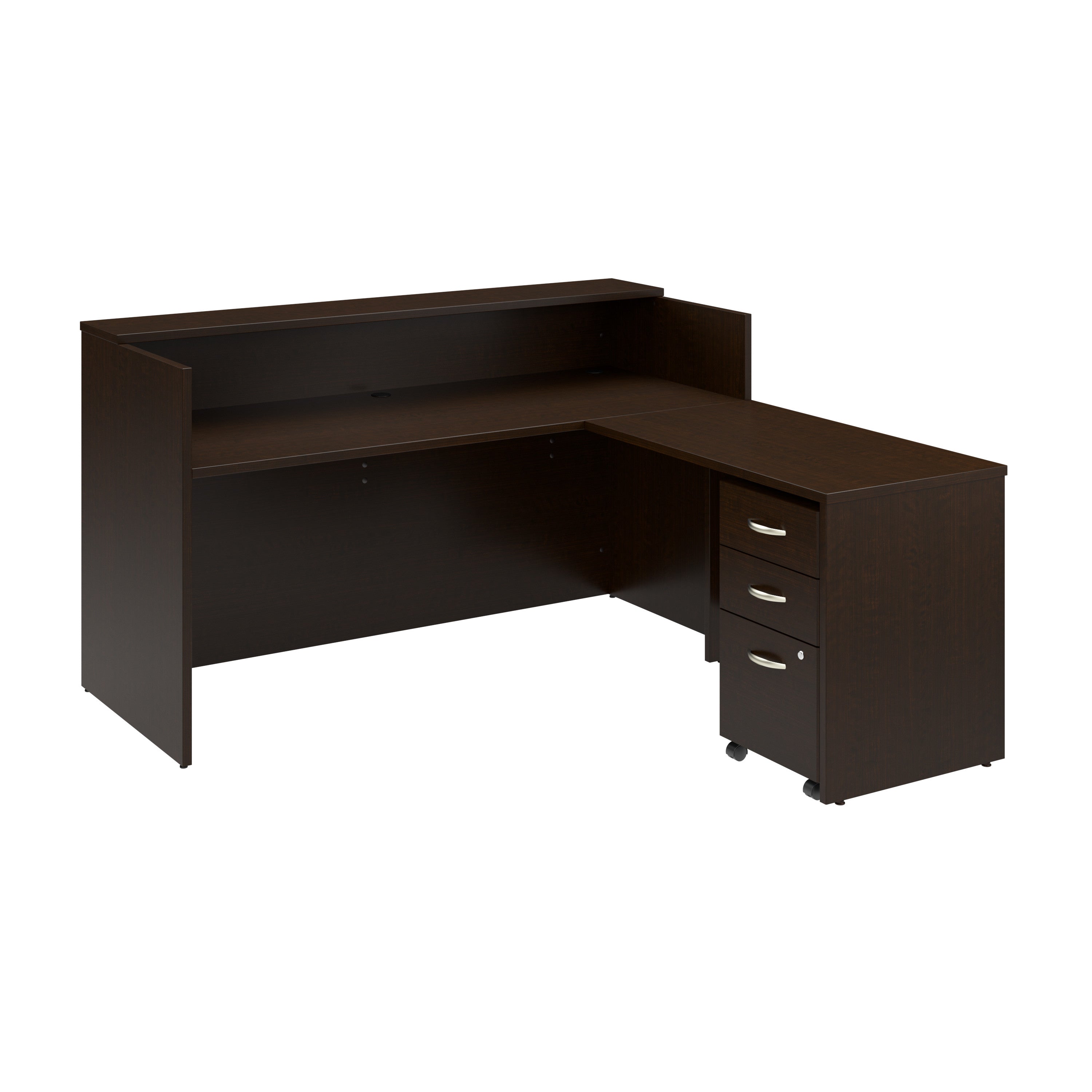 Bush Business Furniture Arrive 72W x 72D L Shaped Reception Desk with Shelf and Mobile File Cabinet in Mocha Cherry - 71.02" Width x 71.14" Depth x 40.35" Height