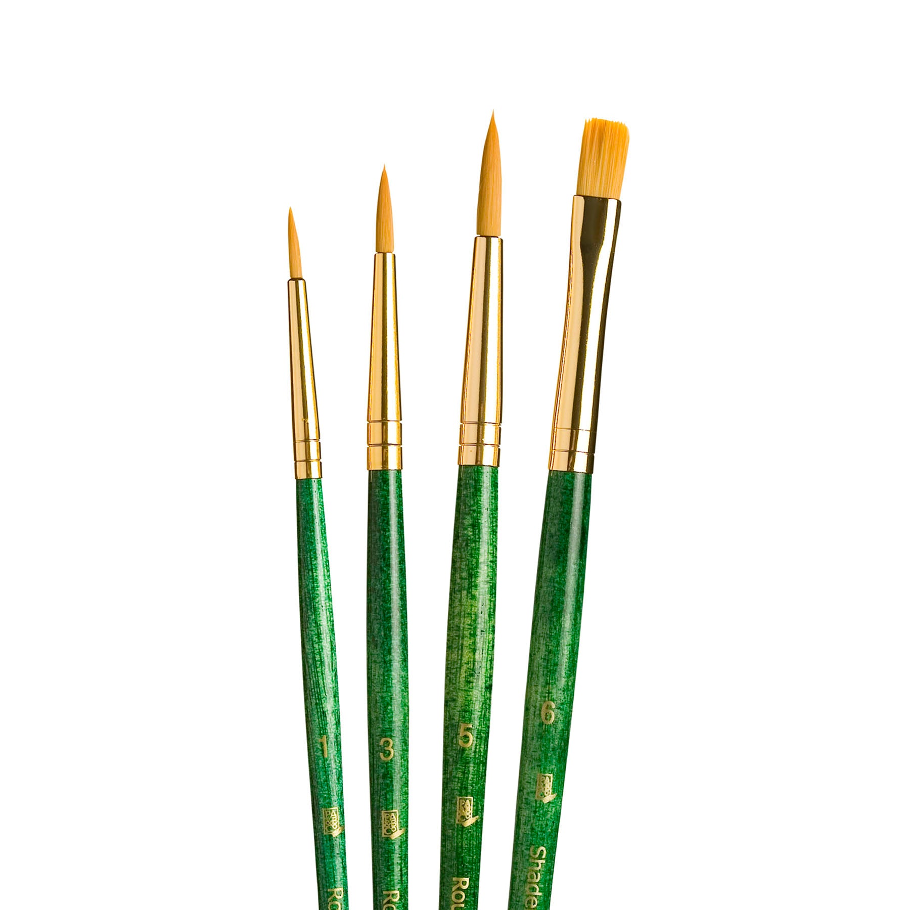 RealValue Brush Set, Gold Taklon Bristles, Short Handle Mixed Media Paintbrush, Brown, 4 Pieces