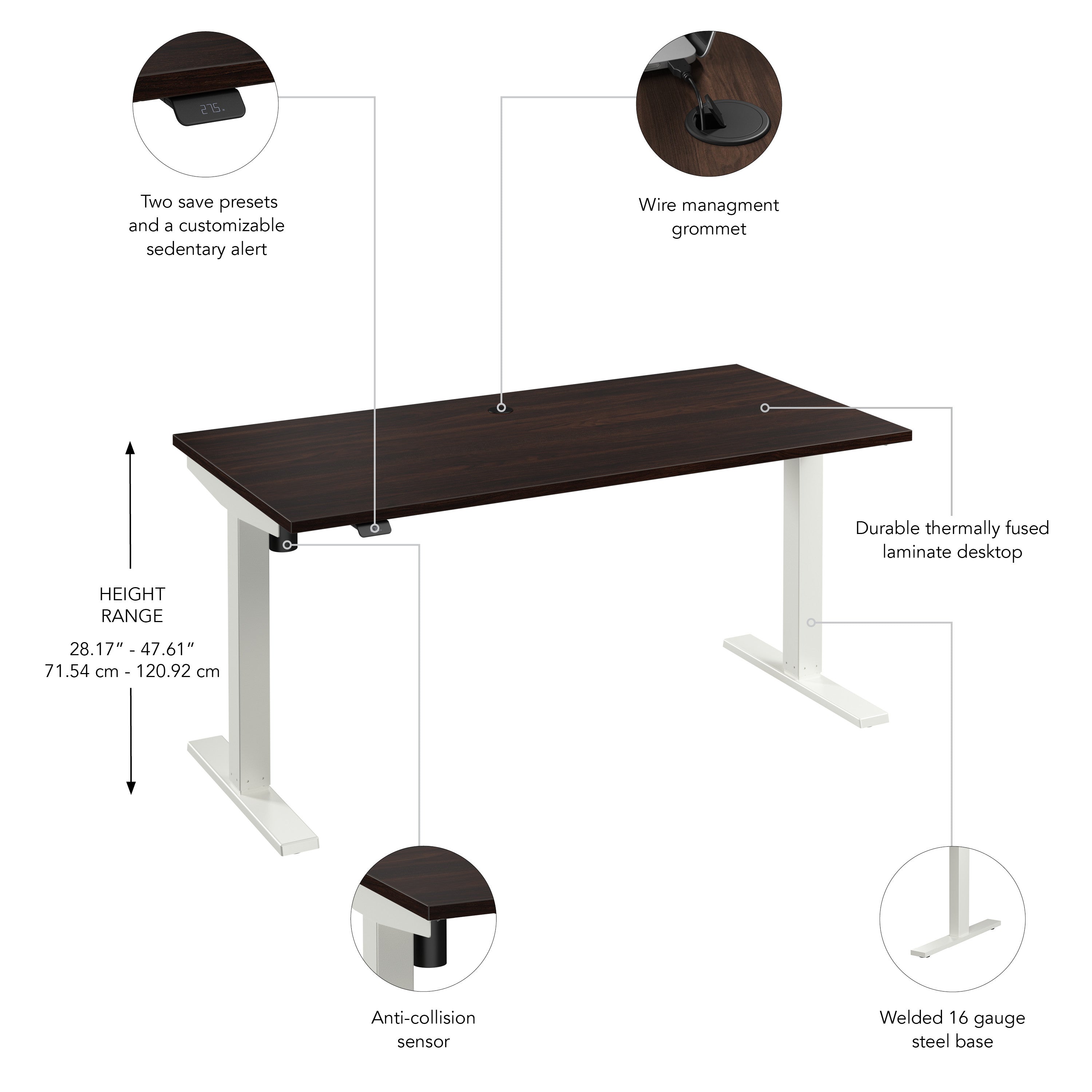 Bush Business Furniture Move 40 Series 60W x 30D Electric Height Adjustable Standing Desk in Black Walnut with White Base - 59.45" Width x 29.37" Depth x 28.17" Height