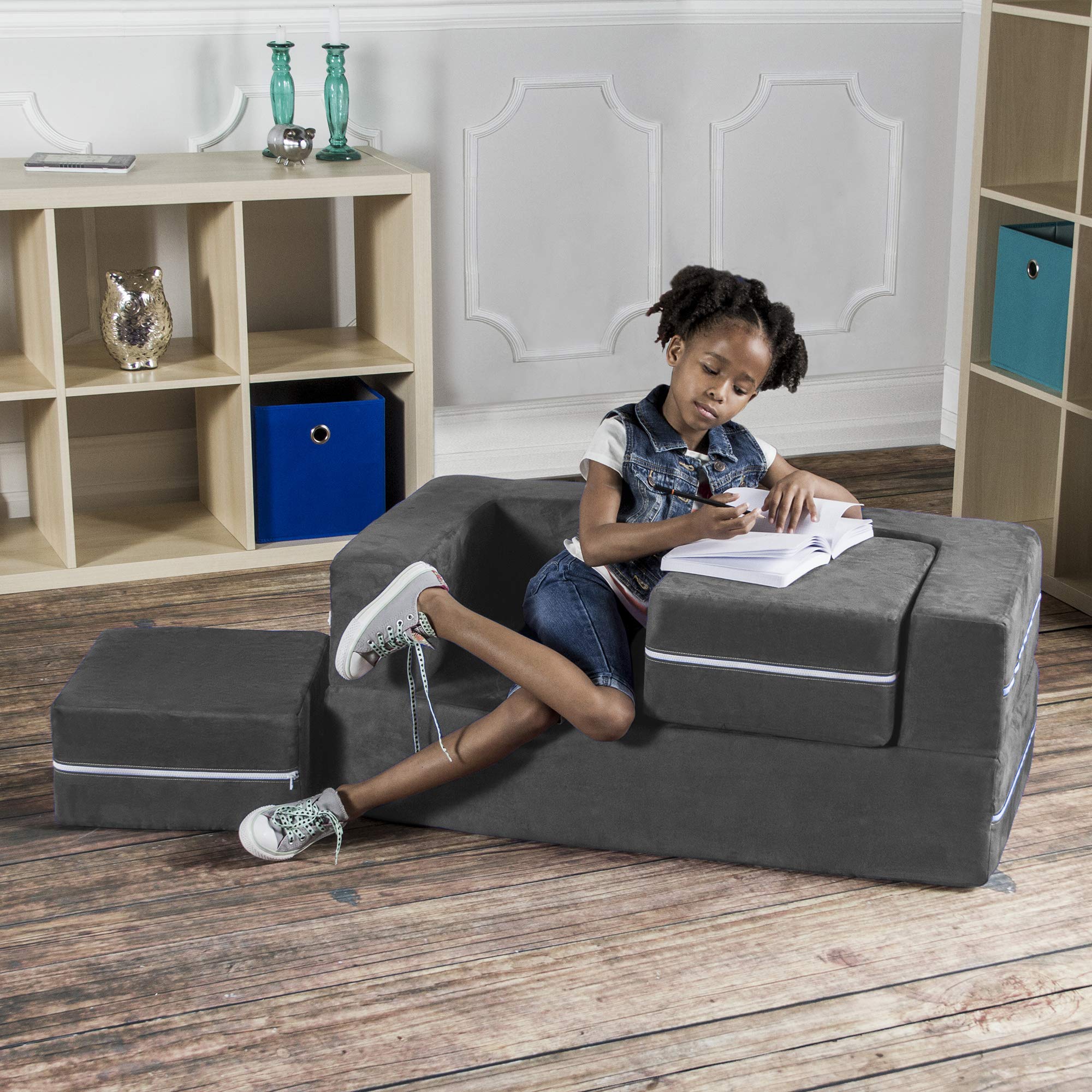 Jaxx Zipline Kids Modular Loveseat & Ottomans/Fold Out Lounger, Charcoal