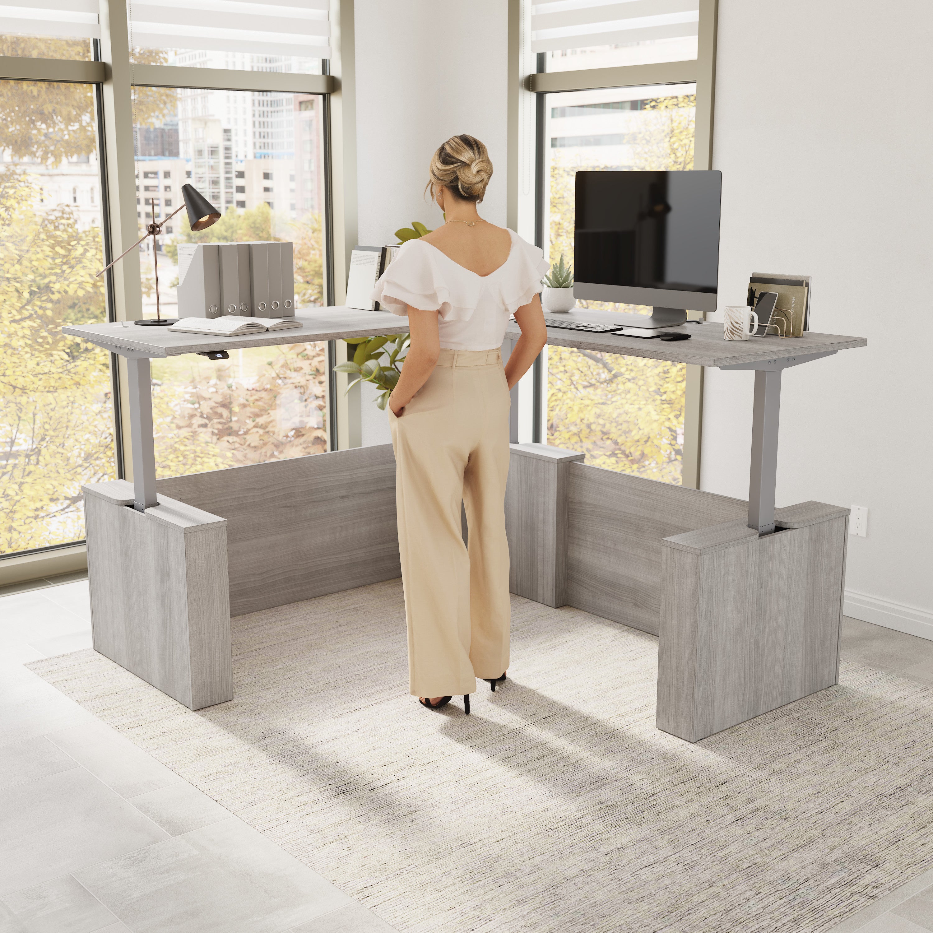 Bush Business Furniture Stratus&nbsp;72W x&nbsp;78D Electric Height Adjustable L Shaped Standing Desk in Platinum Gray with Metallic Gray Base - 71.02" Width x 76.97" Depth x 27.44" Height