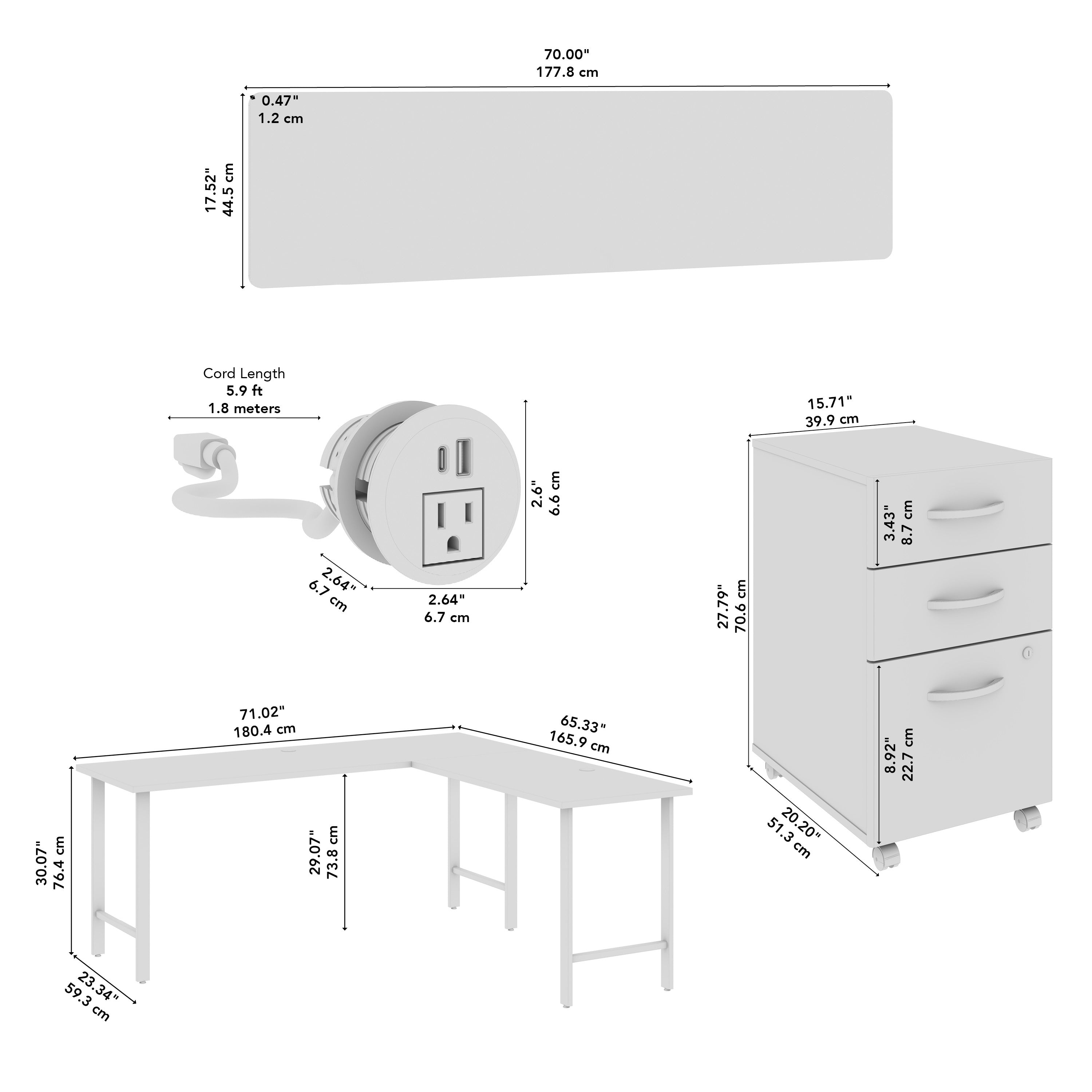 Bush Business Furniture Hustle 4 Person L Shaped Desk with Mobile File Cabinets, Power Grommets, and Privacy Screens in White and Natural Elm - 71.02" Width x 23.34" Depth x 30.07" Height