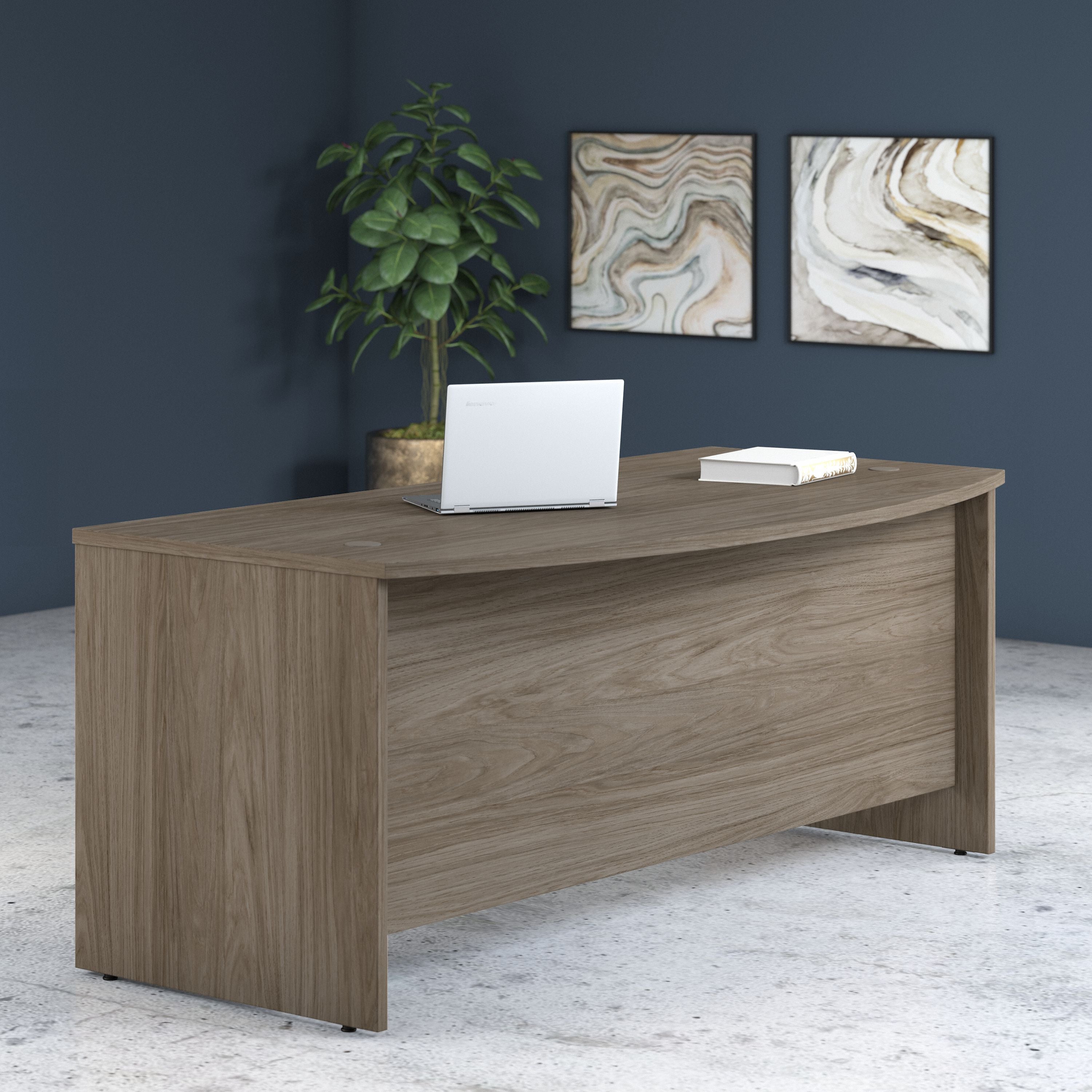 Bush Business Furniture Studio C 72W x 36D Bow Front Desk in Modern Hickory - 71.02" Width x 35.43" Depth x 29.84" Height