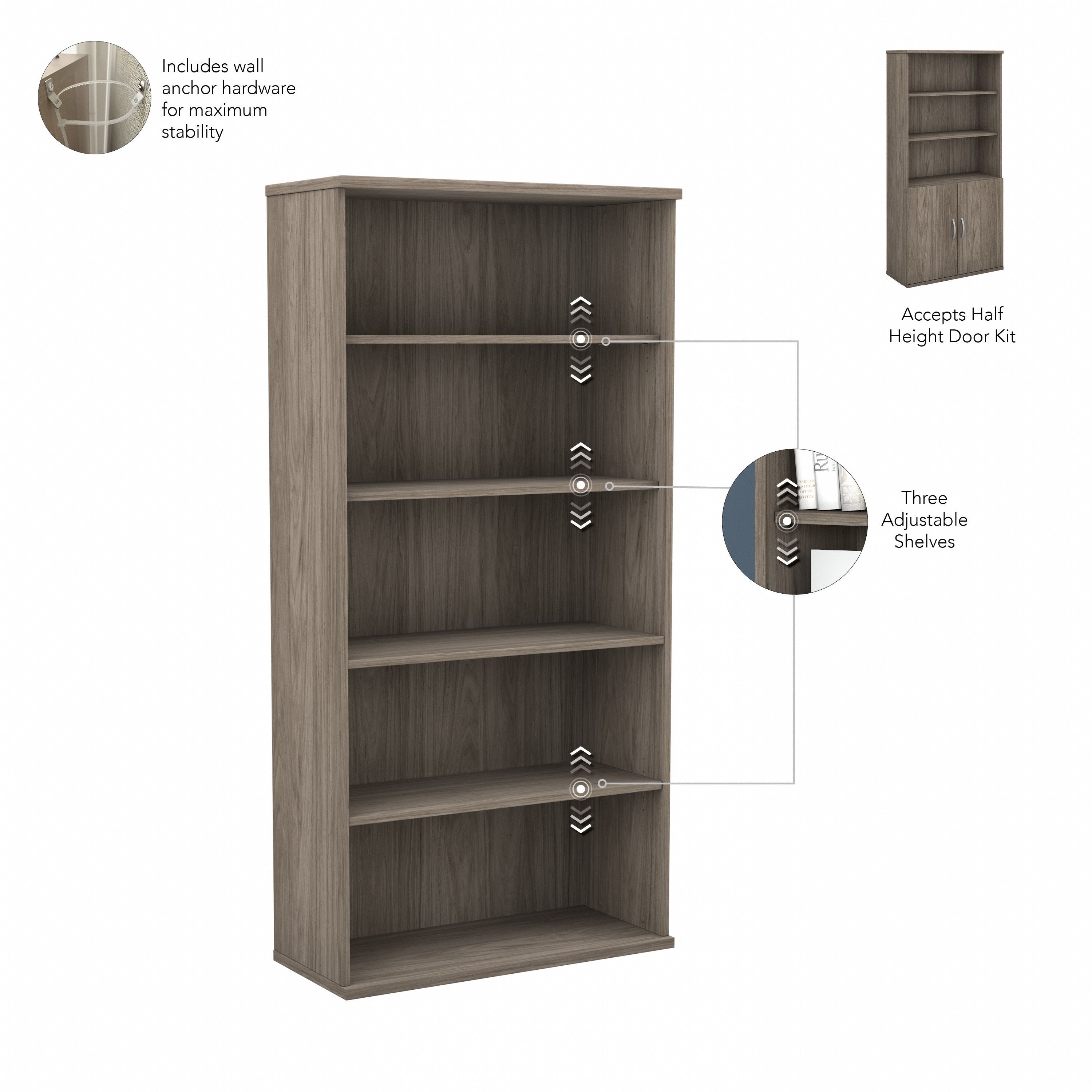 Bush Business Furniture Studio C Tall 5 Shelf Bookcase in Modern Hickory - 35.71" Width x 15.43" Depth x 72.8" Height