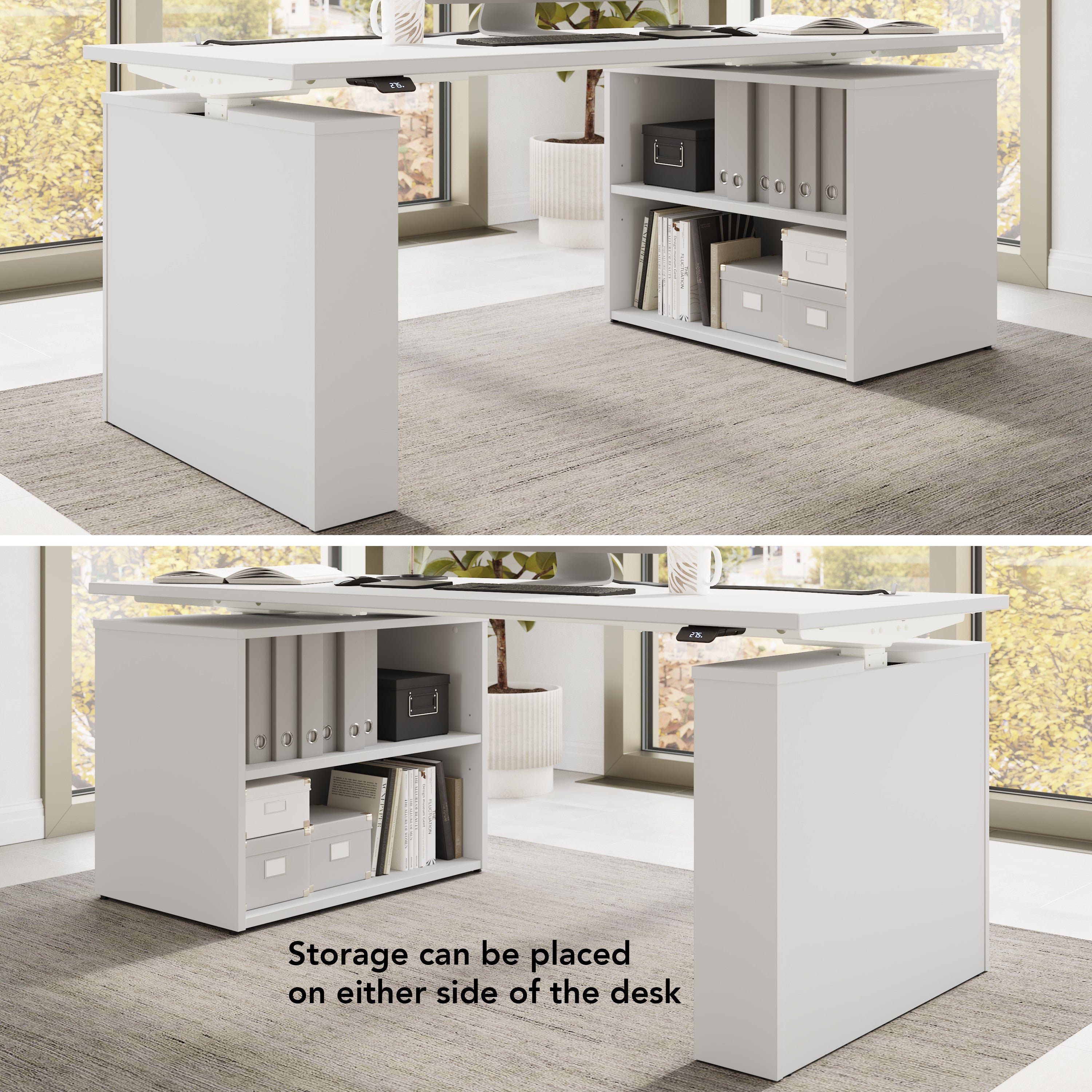 Bush Business Furniture Stratus&nbsp;72W x&nbsp;30D Electric Height Adjustable Standing Desk with Bookcase in White with White Base - 71.02" Width x 29.37" Depth x 27.44" Height