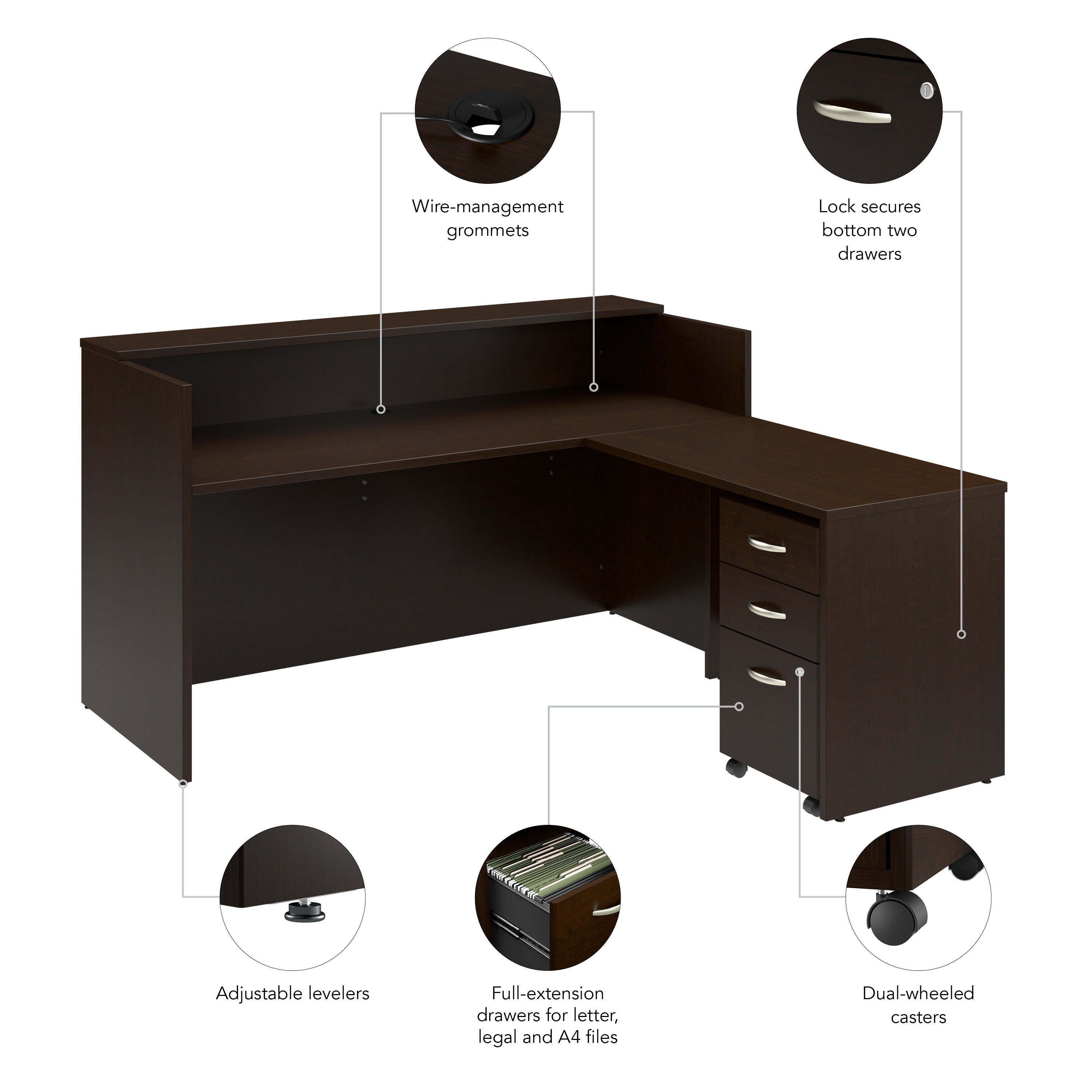 Bush Business Furniture Arrive 72W x 72D L Shaped Reception Desk with Shelf and Mobile File Cabinet in Mocha Cherry - 71.02" Width x 71.14" Depth x 40.35" Height