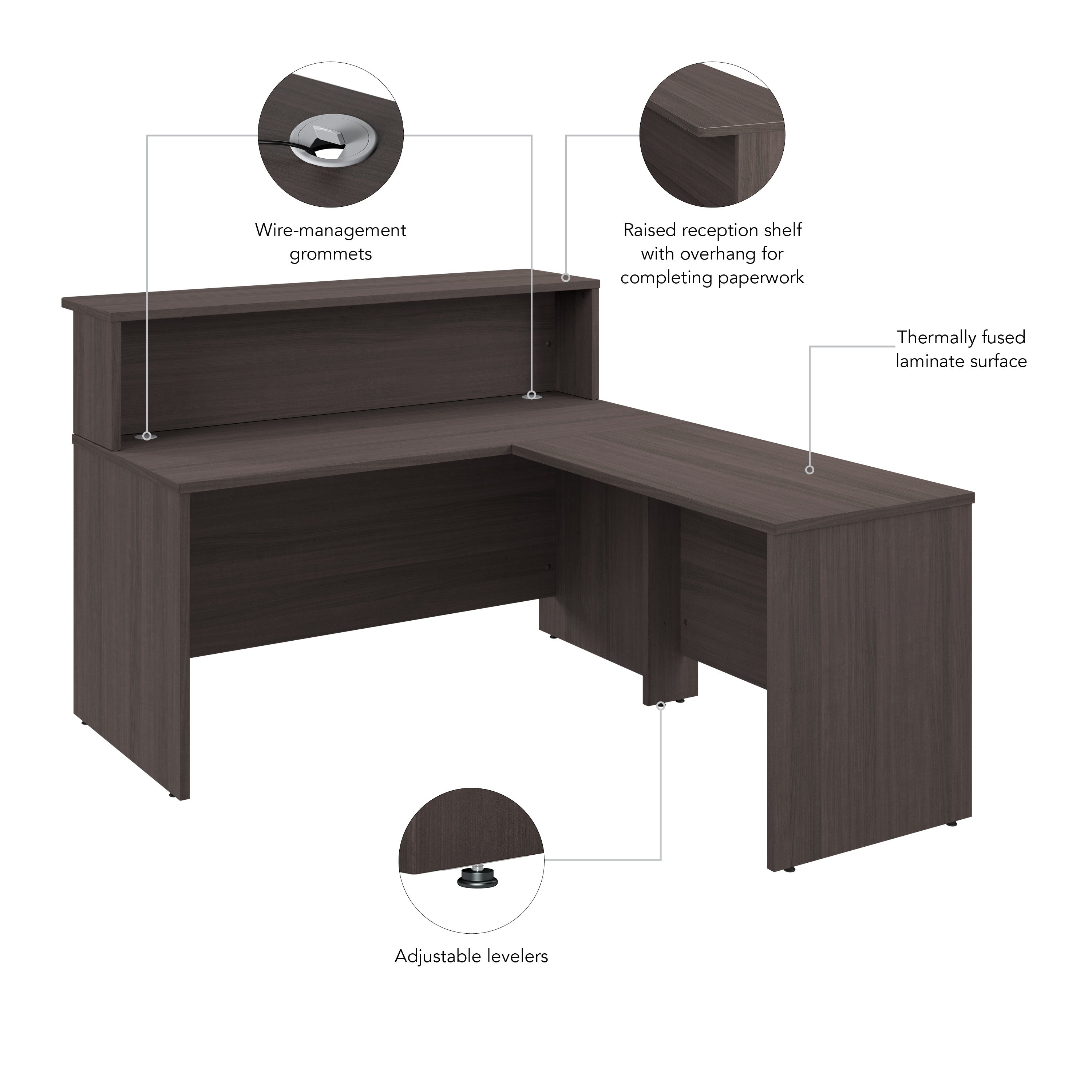 Bush Business Furniture Arrive 60W x 72D L Shaped Reception Desk with Shelf in Storm Gray - 59.45" Width x 71.02" Depth x 43.71" Height
