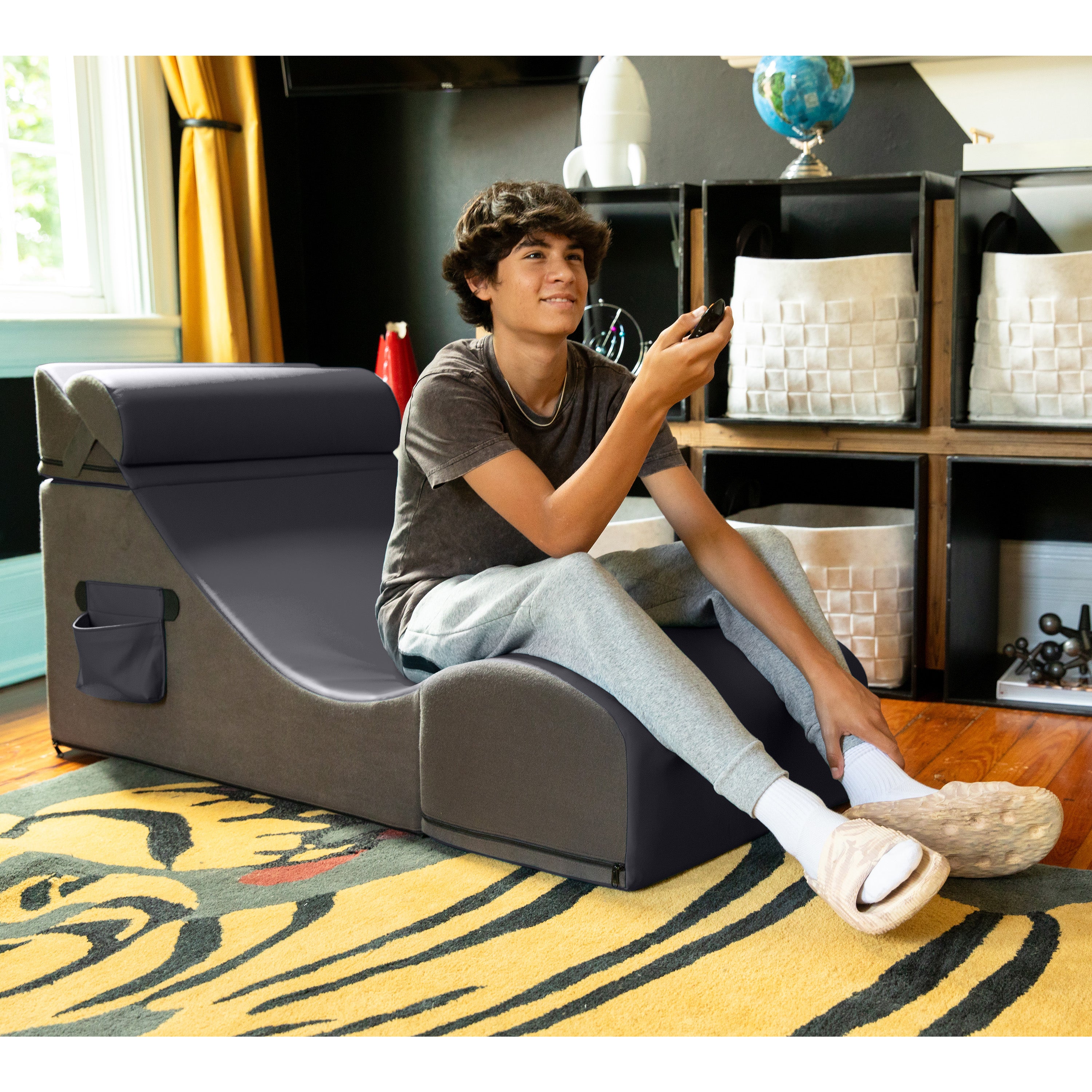 Jaxx Flexx V-Tex Convertible 3 in 1 Gamer Chair, Table, & Ottoman w/ Adjustable Headrest & Pocket - Vinyl Black