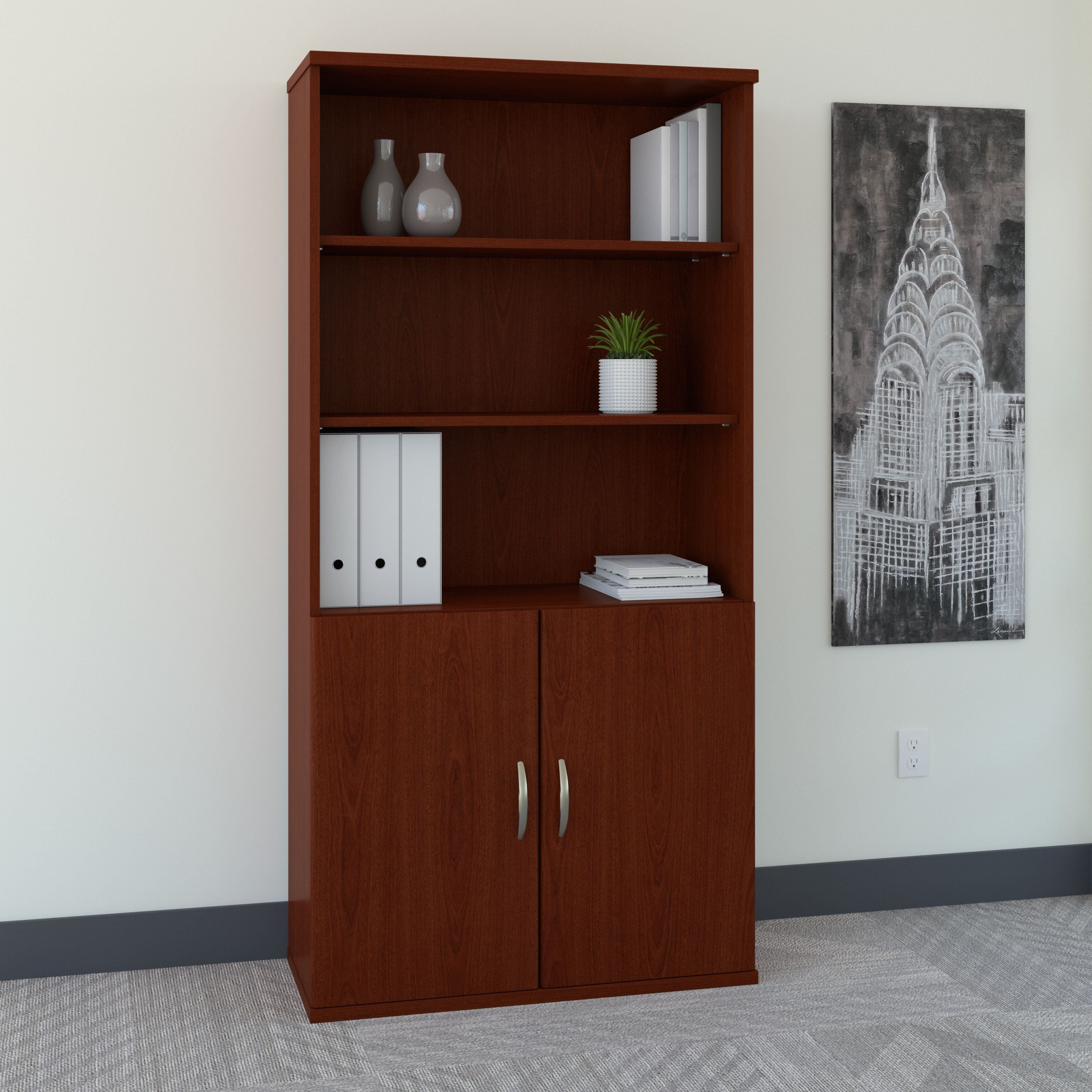 Bush Business Furniture Series C 36W 5 Shelf Bookcase with Doors in Mahogany - 35.71" Width x 15.35" Depth x 72.8" Height