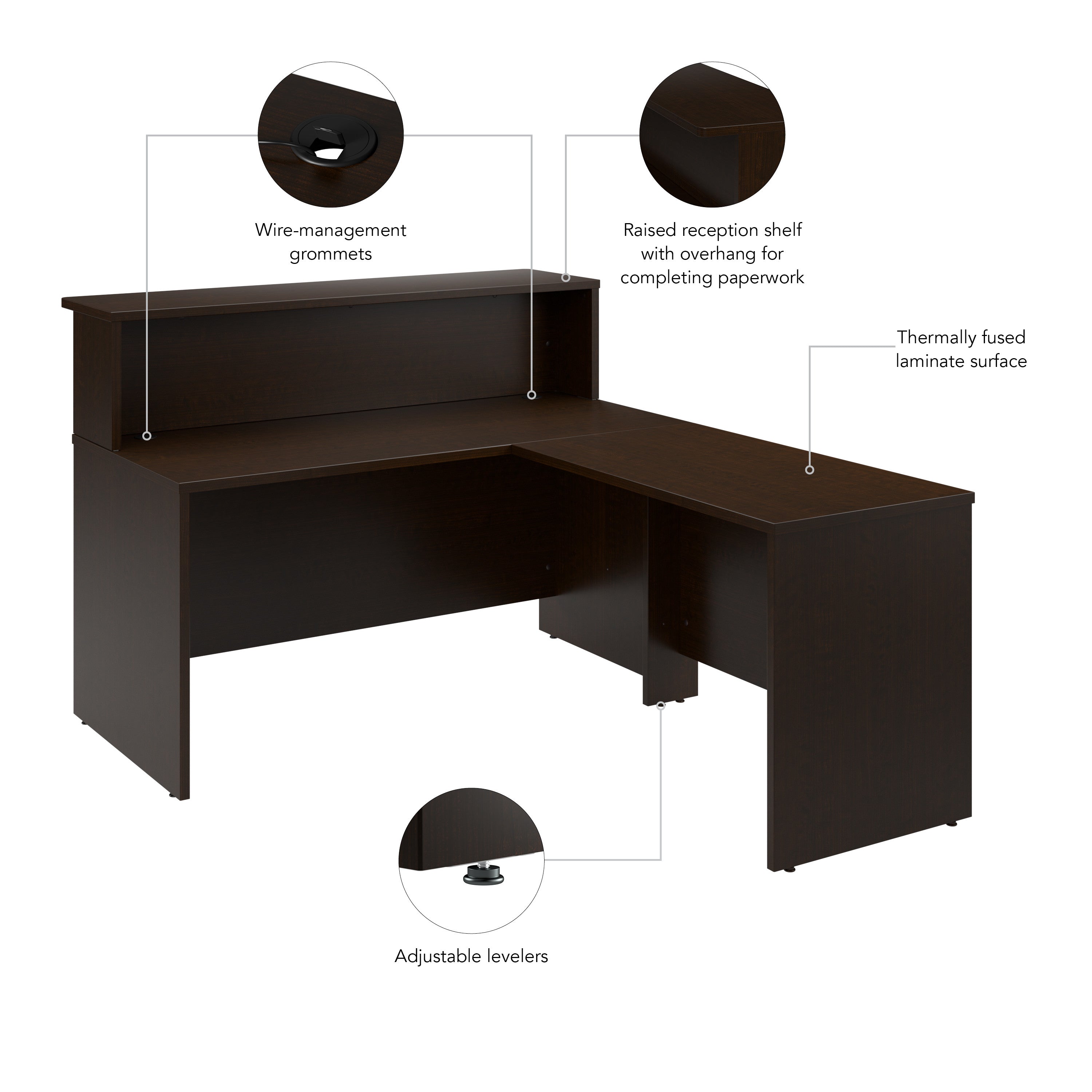 Bush Business Furniture Arrive 60W x 72D L Shaped Reception Desk with Shelf in Mocha Cherry - 59.45" Width x 71.02" Depth x 43.71" Height