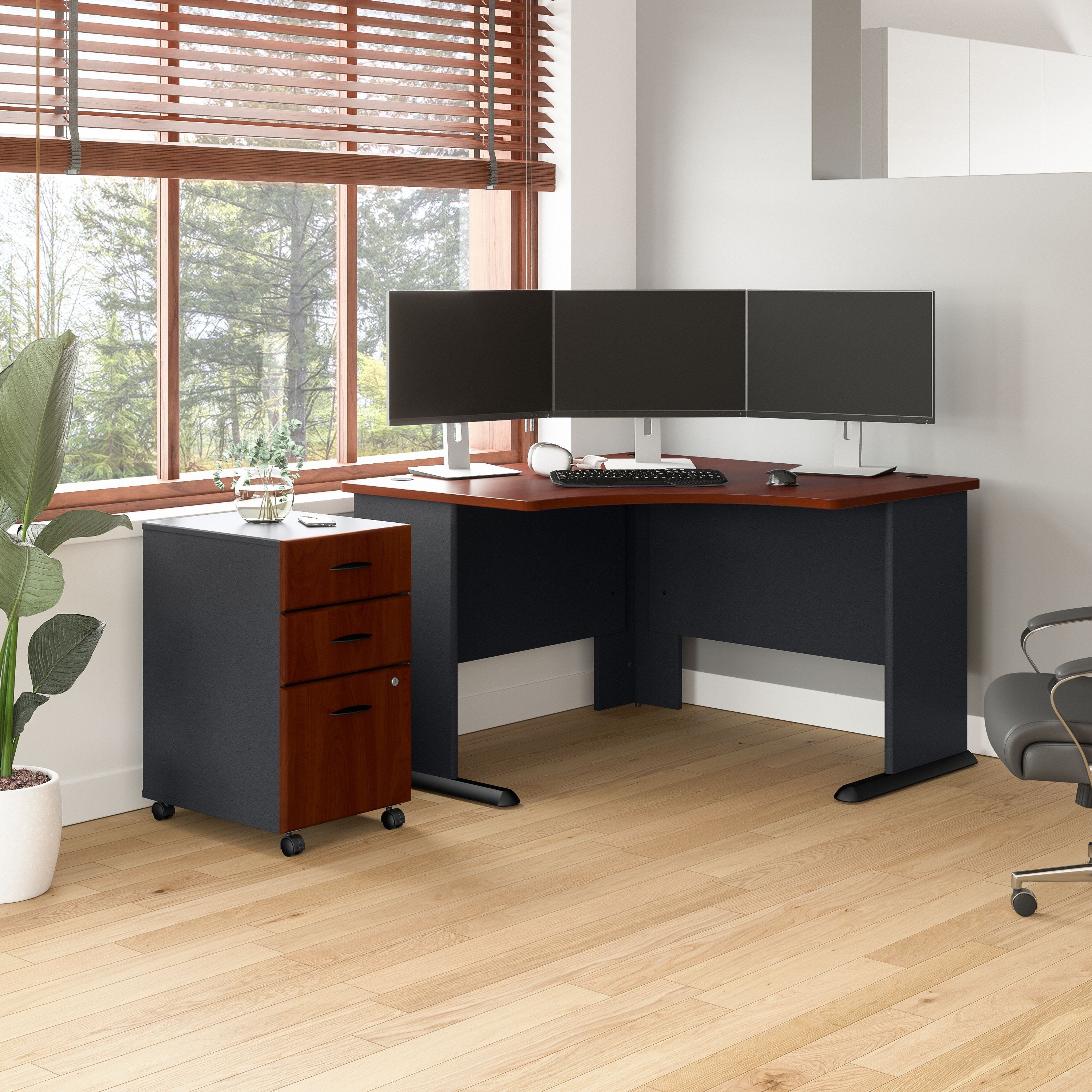 Bush Business Furniture Series A 48W Corner Desk with Mobile File Cabinet in Hansen Cherry and Galaxy - 51.52" Width x 47.17" Depth x 29.66" Height