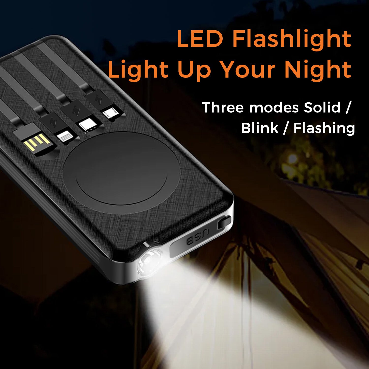 10000mAh Solar Power Bank with Wireless Charging and Built-in Cables, Black