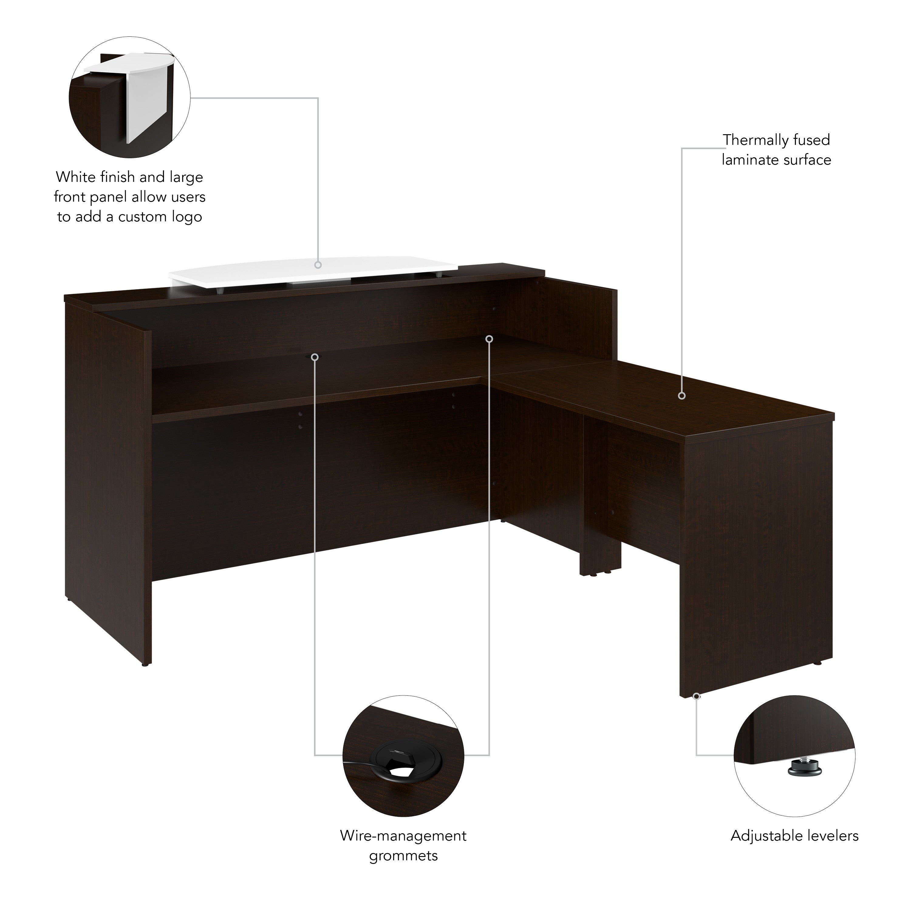 Bush Business Furniture Arrive 72W x 72D L Shaped Reception Desk with Counter in Mocha Cherry - 71.02" Width x 71.14" Depth x 40.35" Height