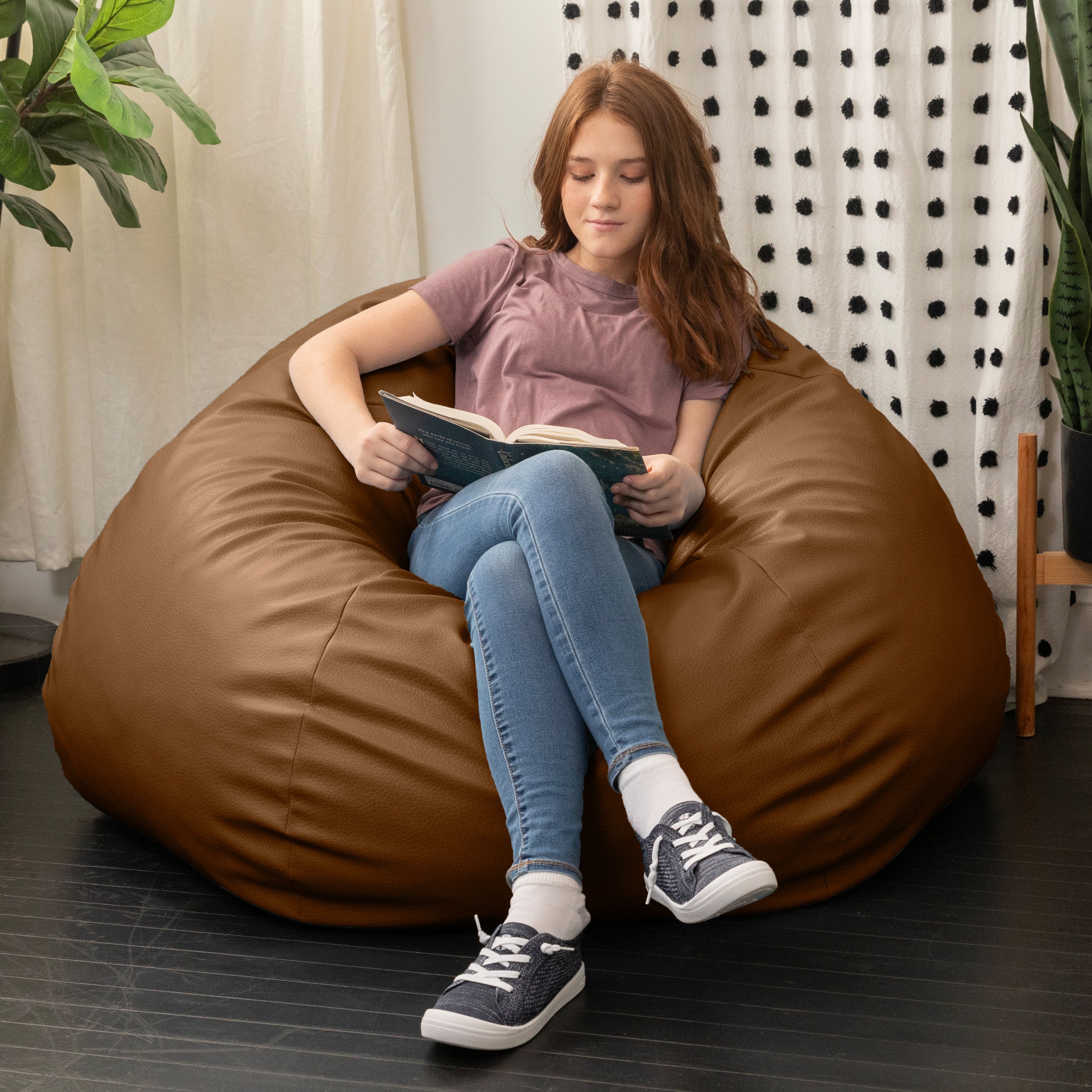 Atrium Collection Pazi Pod - Designer Foam Bean Bag Chair for Home Theaters, Offices, Schools, Reception & Waiting Rooms - Faux Leather - Walnut