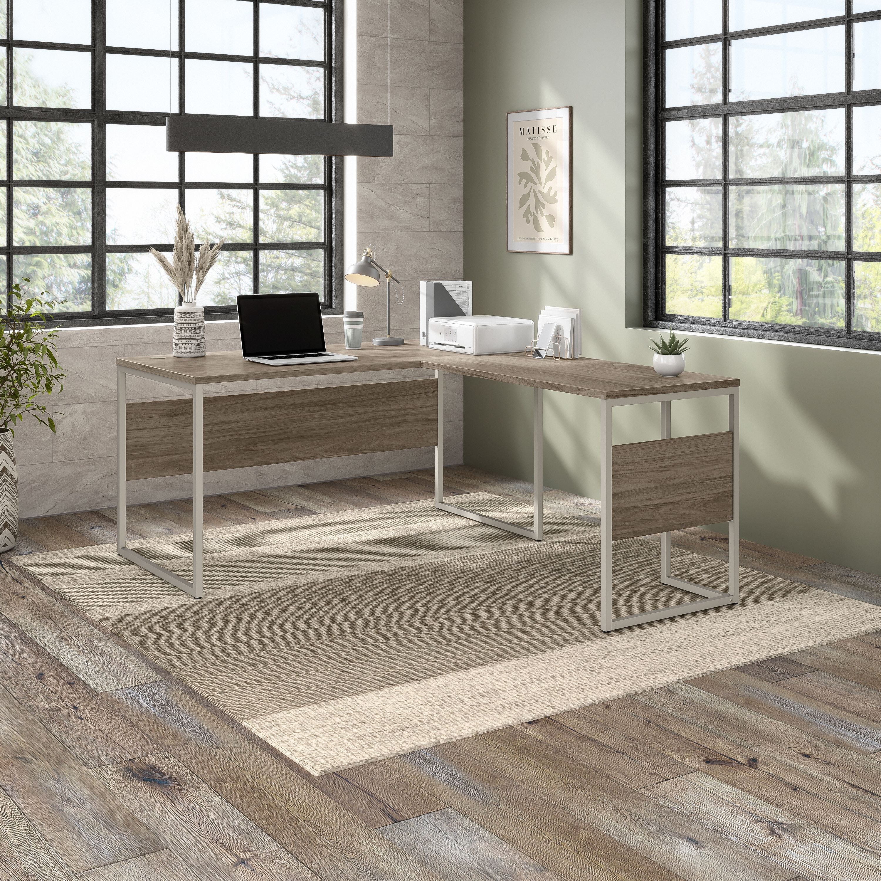 Bush Business Furniture Hybrid 60W x 30D L Shaped Table Desk with Metal Legs in Modern Hickory - 59.45" Width x 71.34" Depth x 29.91" Height