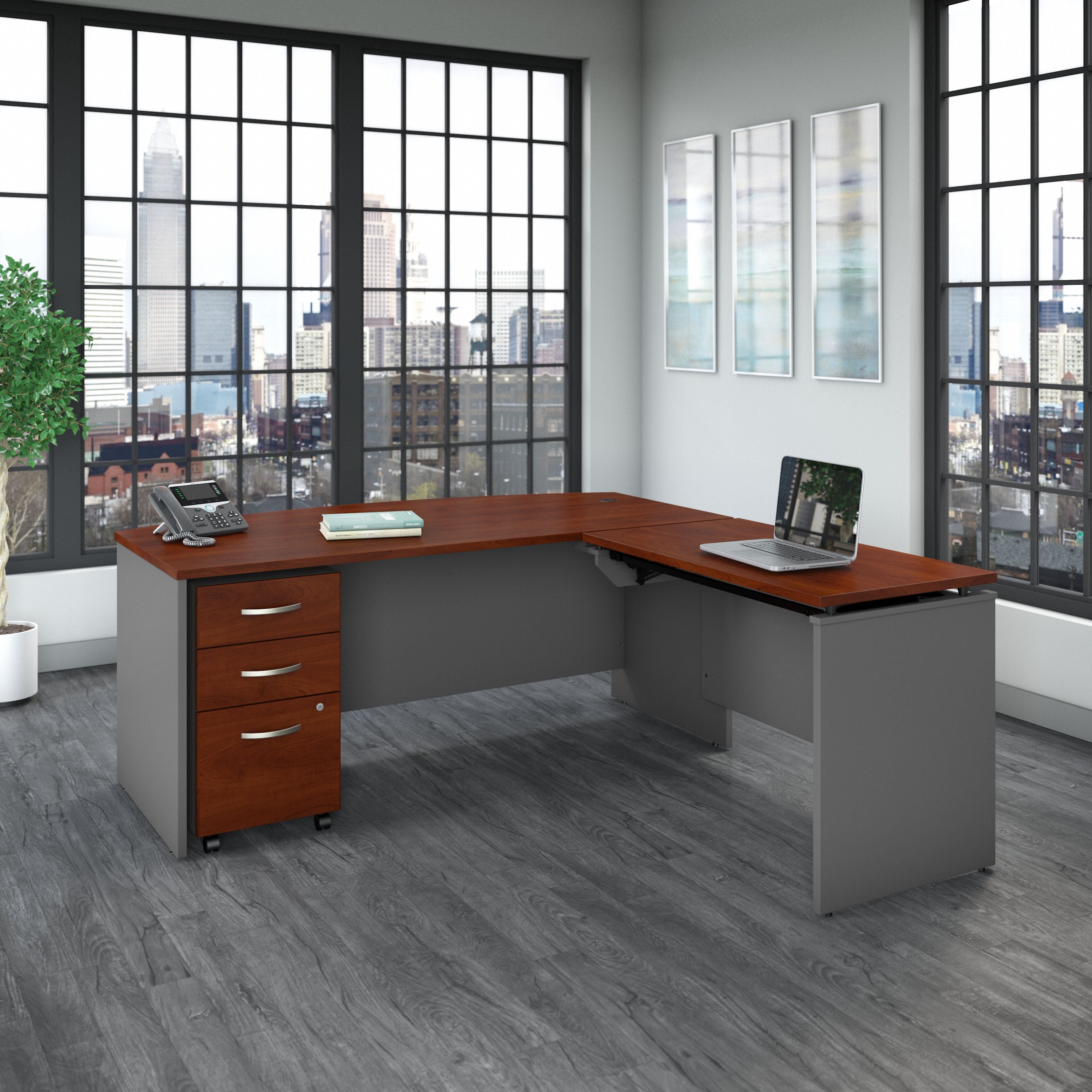 Bush Business Furniture Series C 72W x 36D 3 Position Bow Front Sit to Stand L Shaped Desk with Mobile File Cabinet in Hansen Cherry/Graphite Gray - 71.1" Width x 78.7" Depth x 29.84" Height