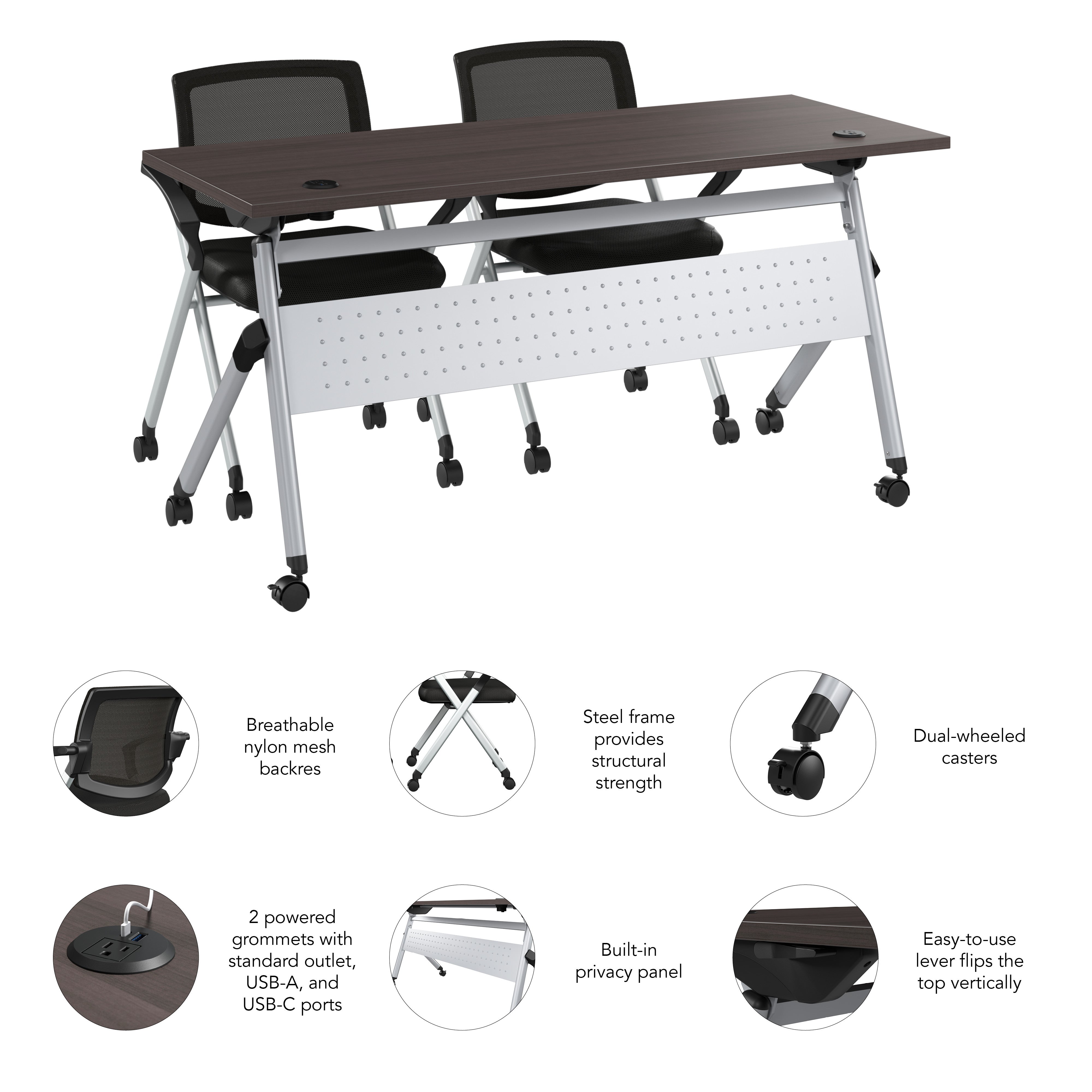 Bush Business Furniture Envision 60W Training Table with Powered Grommets and 2 Chairs with Arms in Storm Gray - 59.45" Width x 23.54" Depth x 32.87" Height