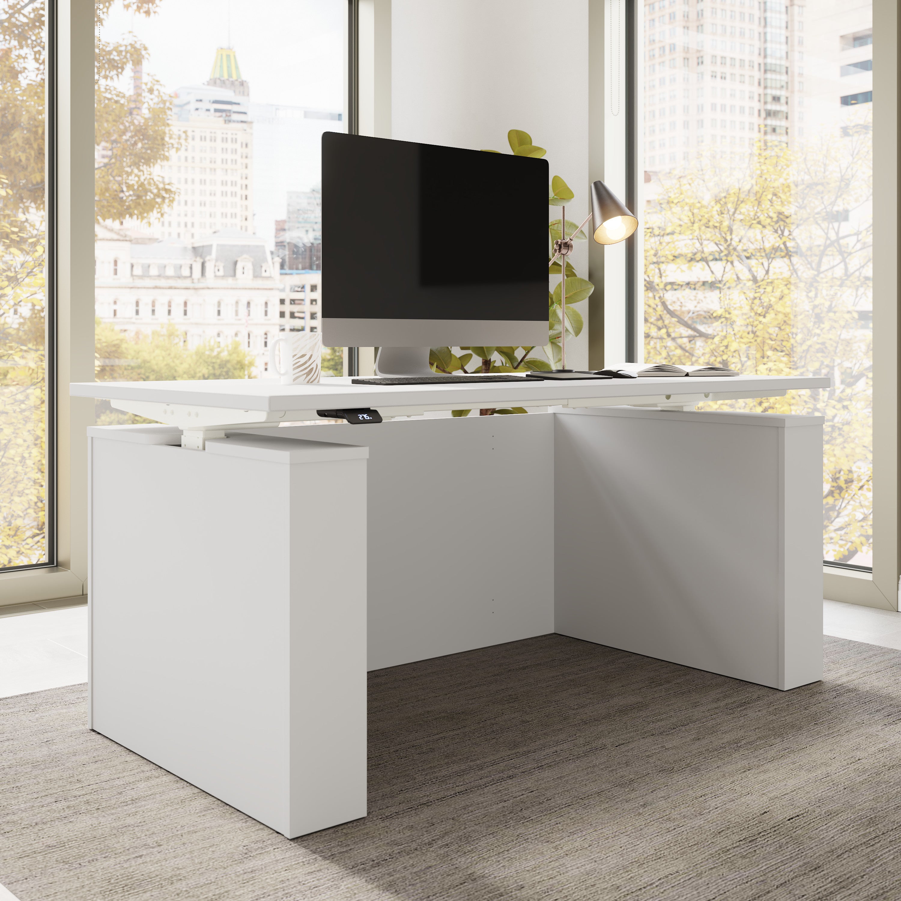 Bush Business Furniture Stratus&nbsp;60W x&nbsp;30D Electric Height Adjustable Standing Desk with Modesty Panel in White with White Base - 59.45" Width x 29.37" Depth x 27.44" Height