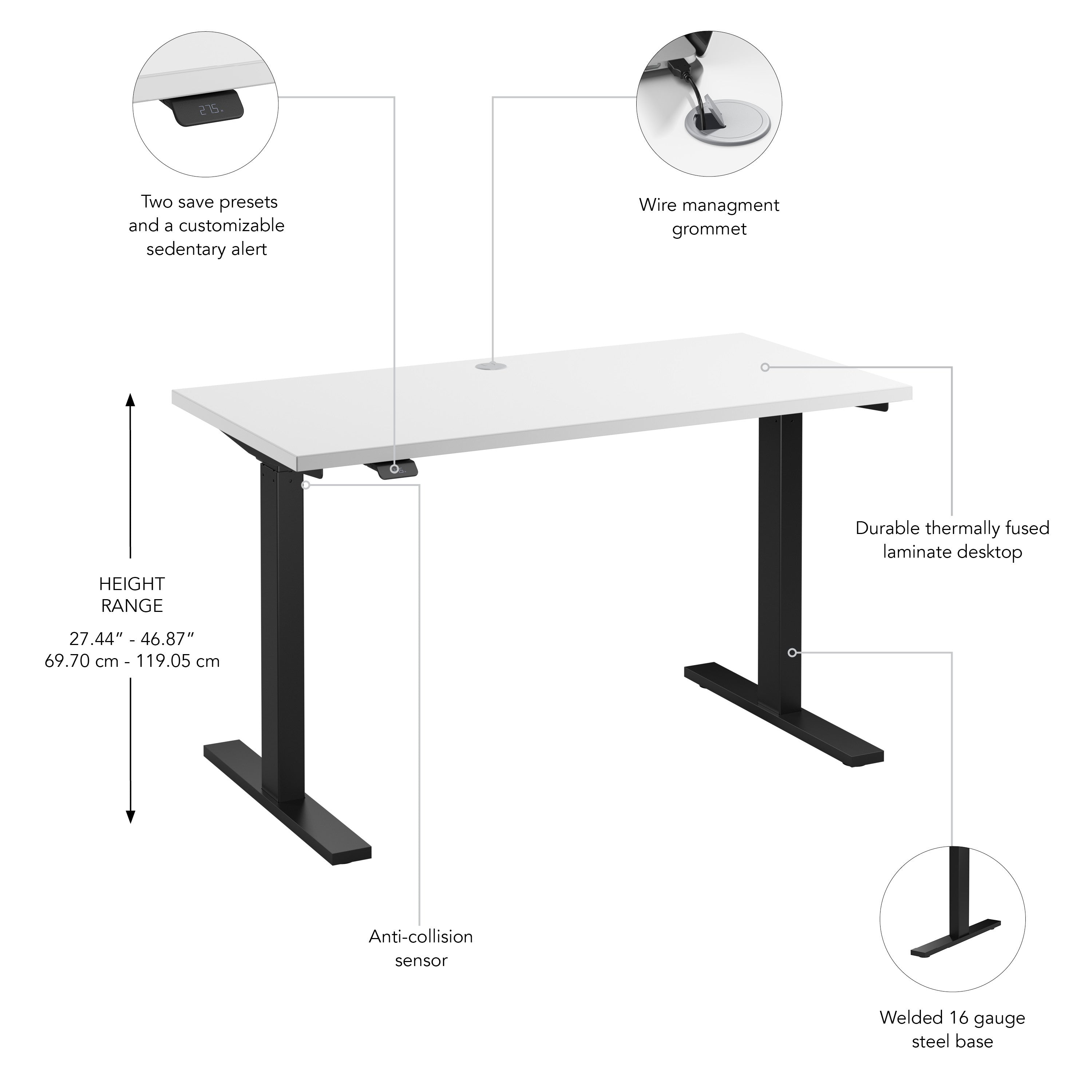Bush Business Furniture Move 60 Series 48W x 24D Electric Height Adjustable Standing Desk in White with Black Base - 47.6" Width x 23.62" Depth x 47.69" Height