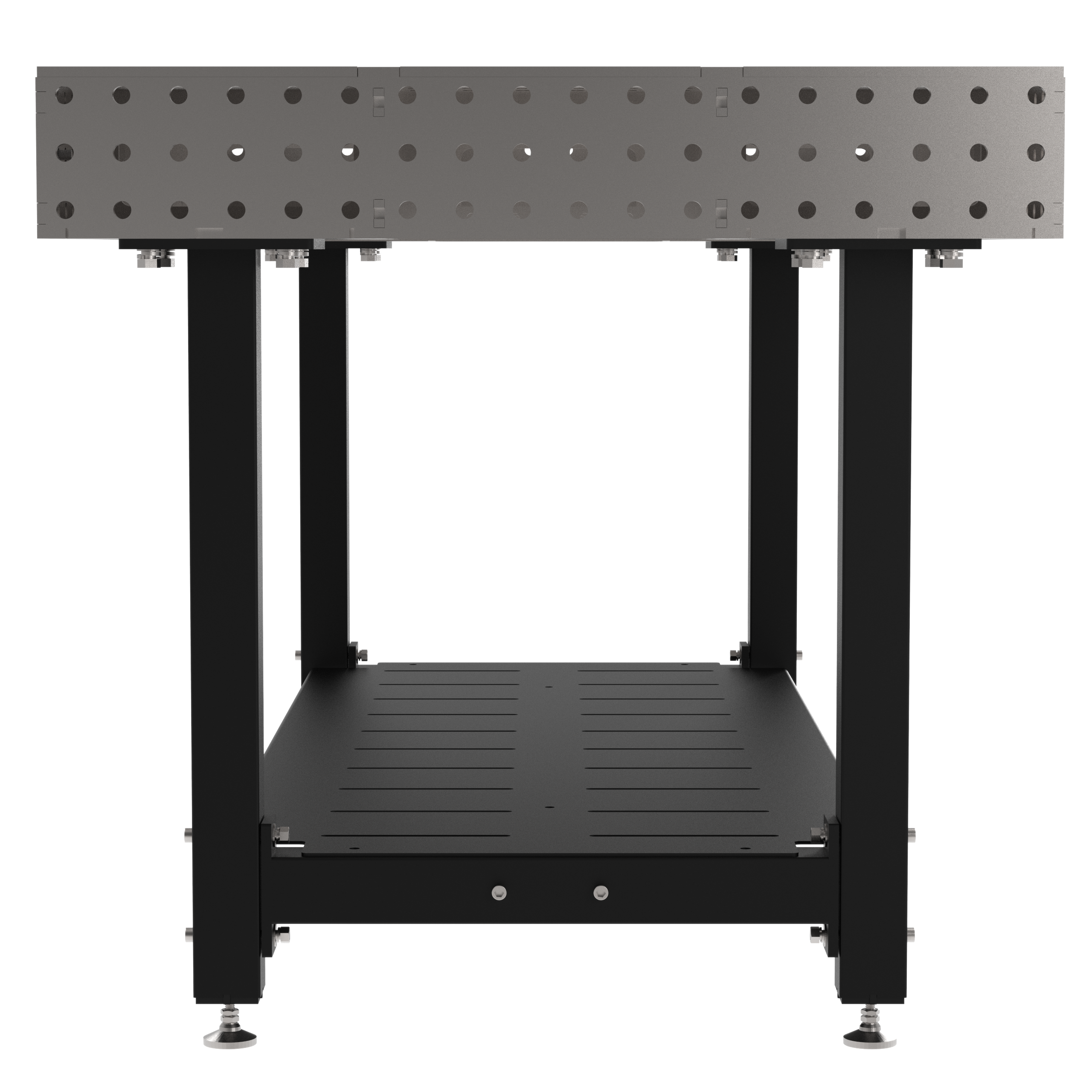 Welding Fixture Table, Fixed Height, 36"H x 72"L x 36"D, 1/4" Carbon Steel Top, Four Black Powdercoat Legs, Shelf, Self-Leveling Feet