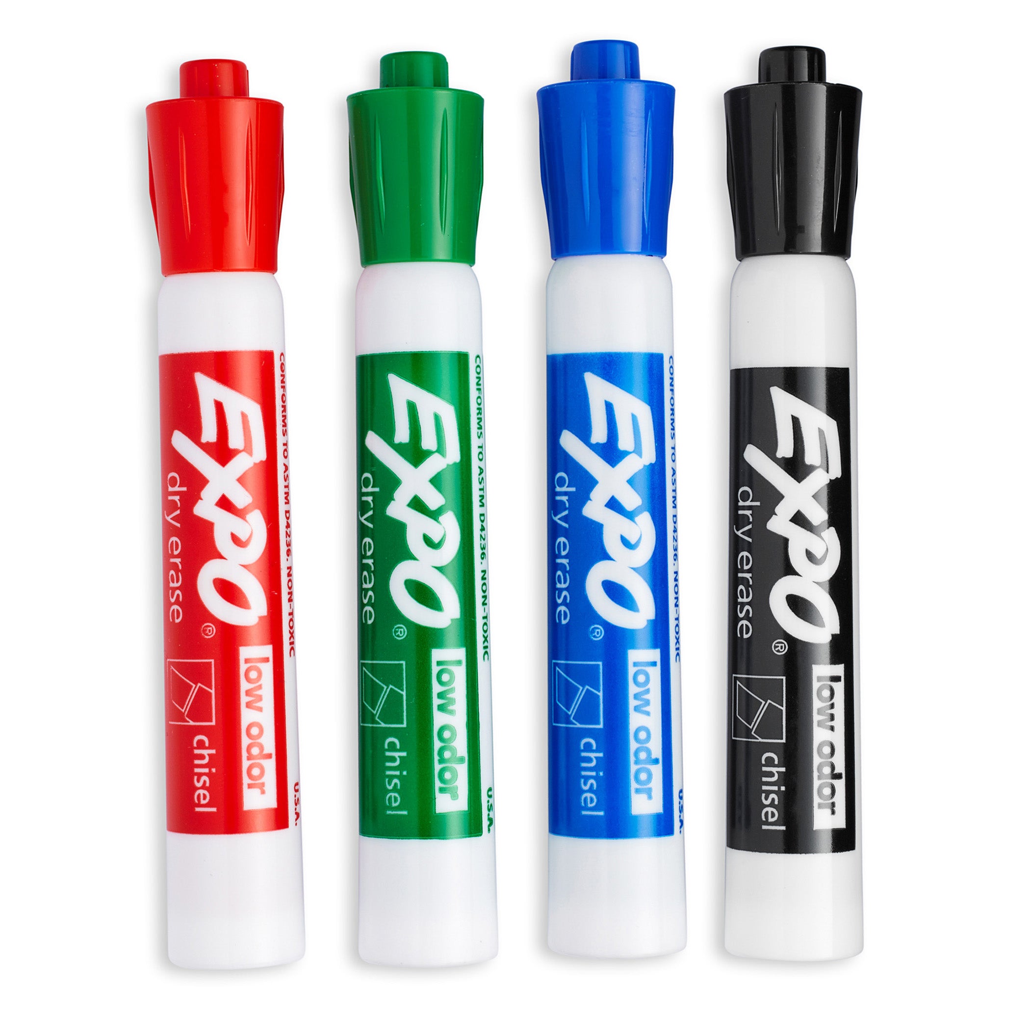 Low-Odor Dry Erase Markers, Chisel Tip, 4 Colors, Pack of 4