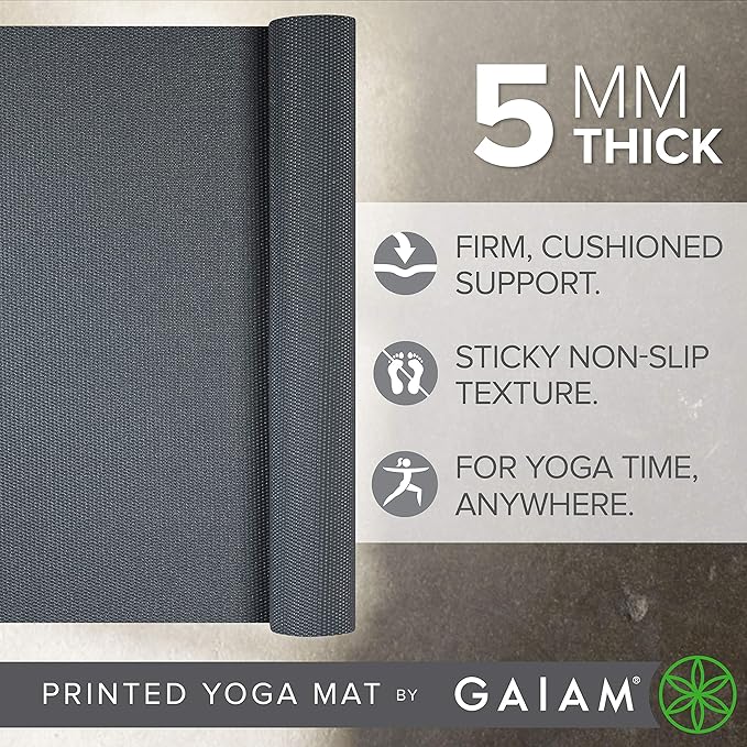 Gaiam Yoga Mat - Premium 5mm Solid Thick Non Slip Exercise & Fitness Mat for All Types of Yoga, Pilates & Floor Workouts (68" x 24" x 5mm) - Folkstone Grey