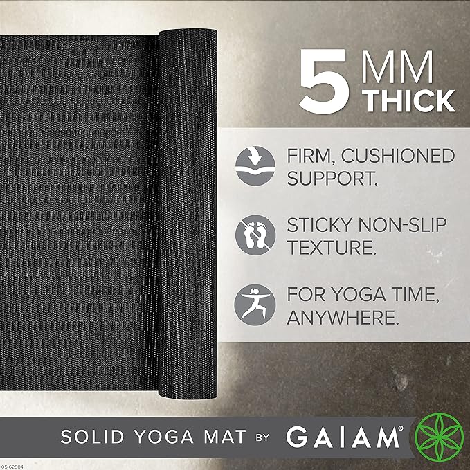 Gaiam Yoga Mat - Premium 5mm Solid Thick Non Slip Exercise & Fitness Mat for All Types of Yoga, Pilates & Floor Workouts (68" x 24" x 5mm) - Black